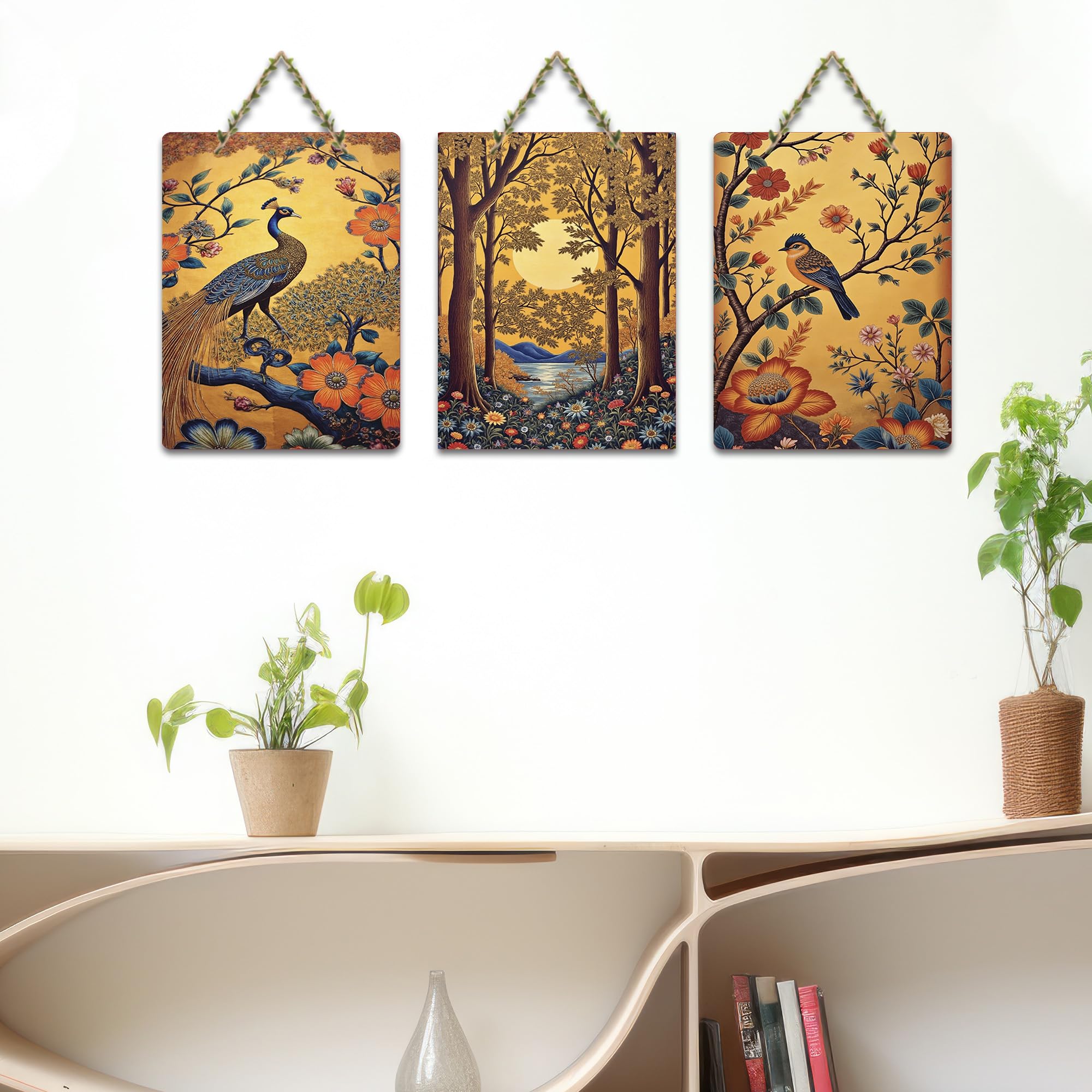 Artvibes Colorful Peacock & Forest Harmony Artistic Decorative MDF Wooden Wall Art for Home | Handcrafted Art | Graphic Artwork | Wall Illustrations | Sceneries | Gift Items (WH_9618N), Set of 3