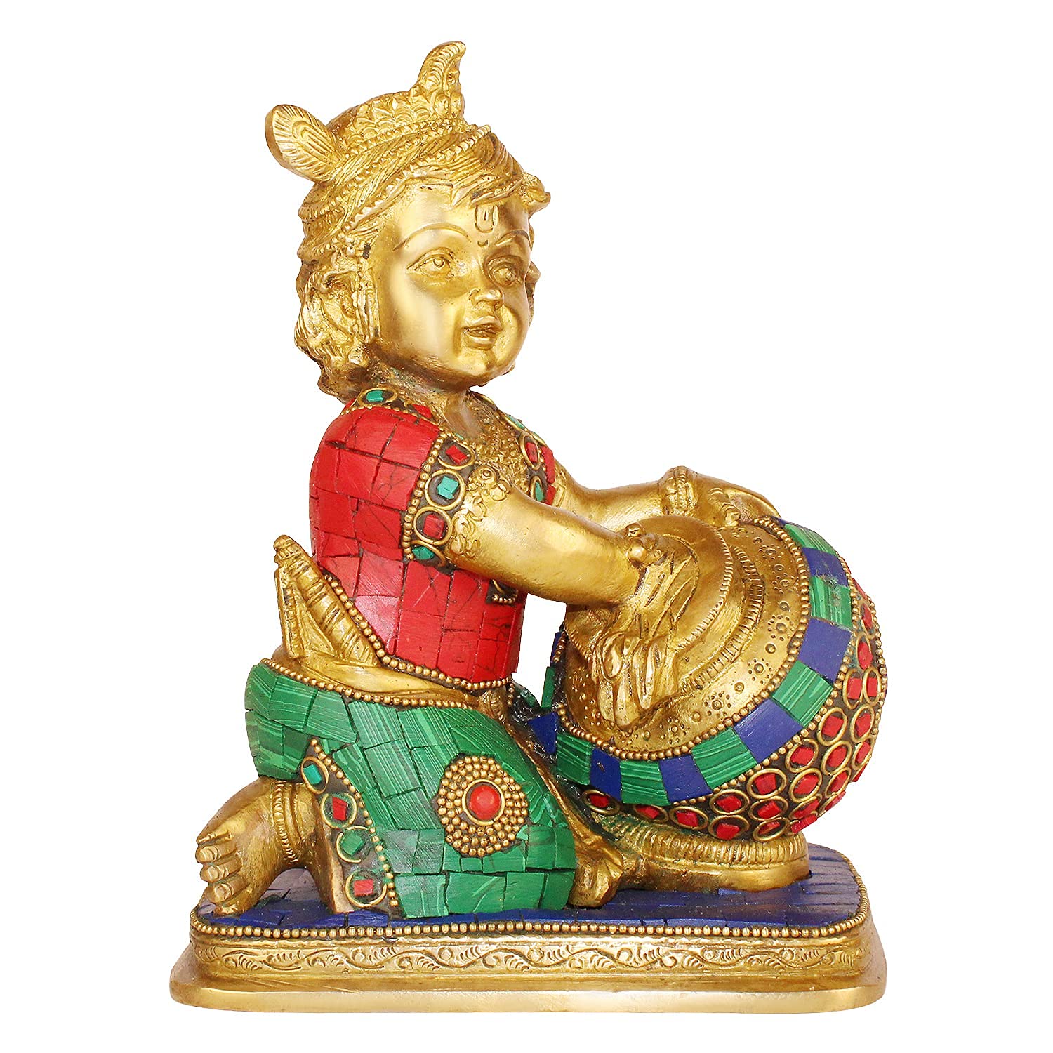 SVARUP Brass Shri Krishna Makhan Chor with Matki Kishan Bhagwan Murti Lord Krishna with Makhan Statue Height 7 Inch Weight 2.5 Kg Multicolor