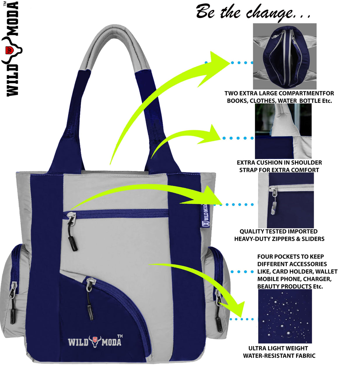 WILD MODA Kat Women Shoulder and Tote Bag (Grey & Blue)