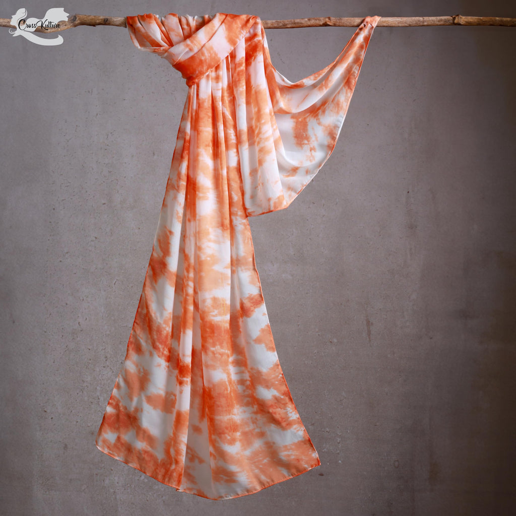 CrossKulture White & Orange Polycotton Scarf for Women | Lightweight & Long | Stylish Stole Splash Design | Neck Scarf, Hair Scarf, & Head Scarf for Girls | All Season Accessory