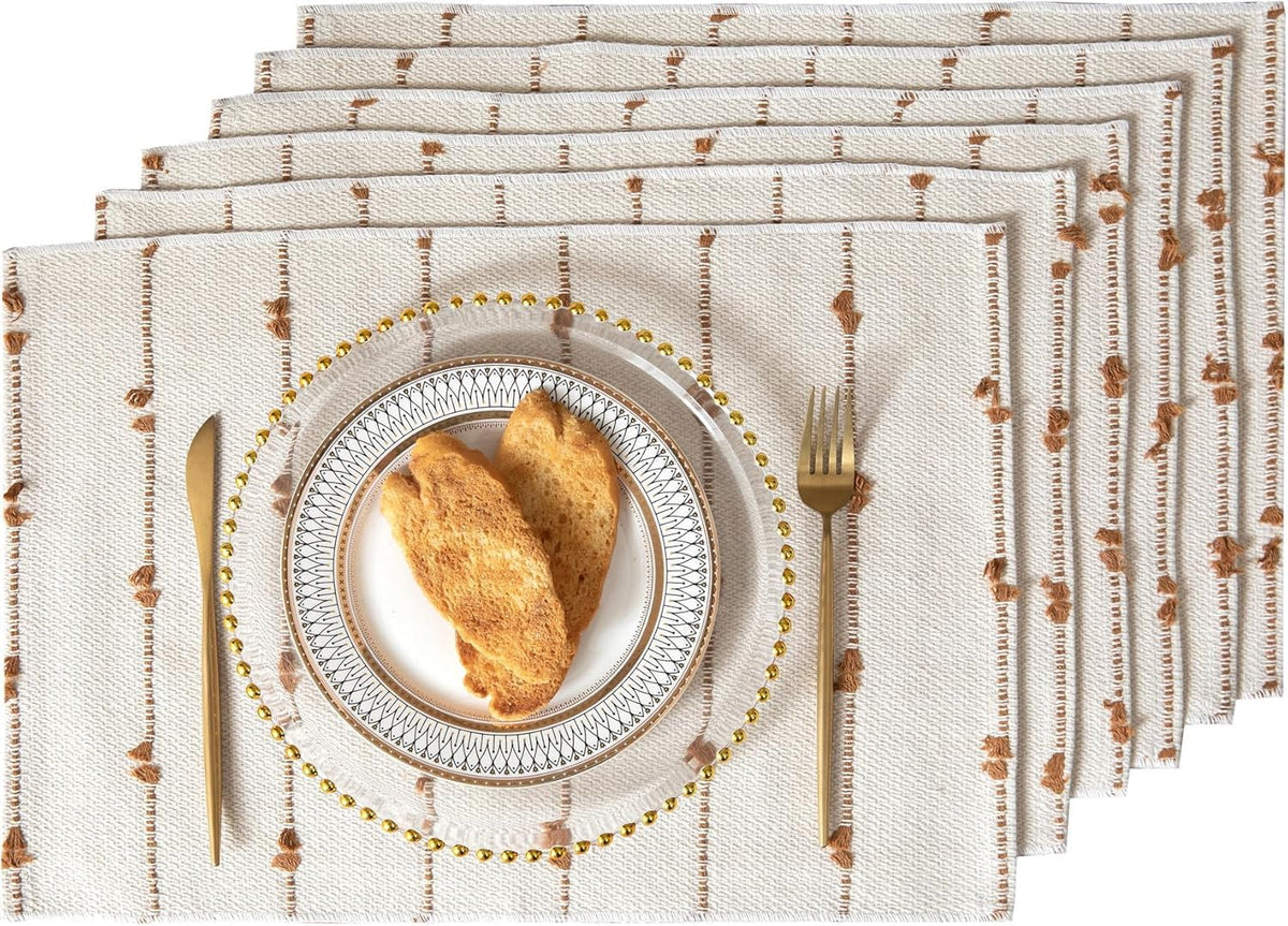 ALSTONIA Handmade Cotton Dining Table Placemats | Heat Resistant Dining Table Place Mats |Kitchen Tabletop|Kitchen Coffee Center Table & Eating Areas (Brown & White, 6 Pcs Placemats) Kafalo
