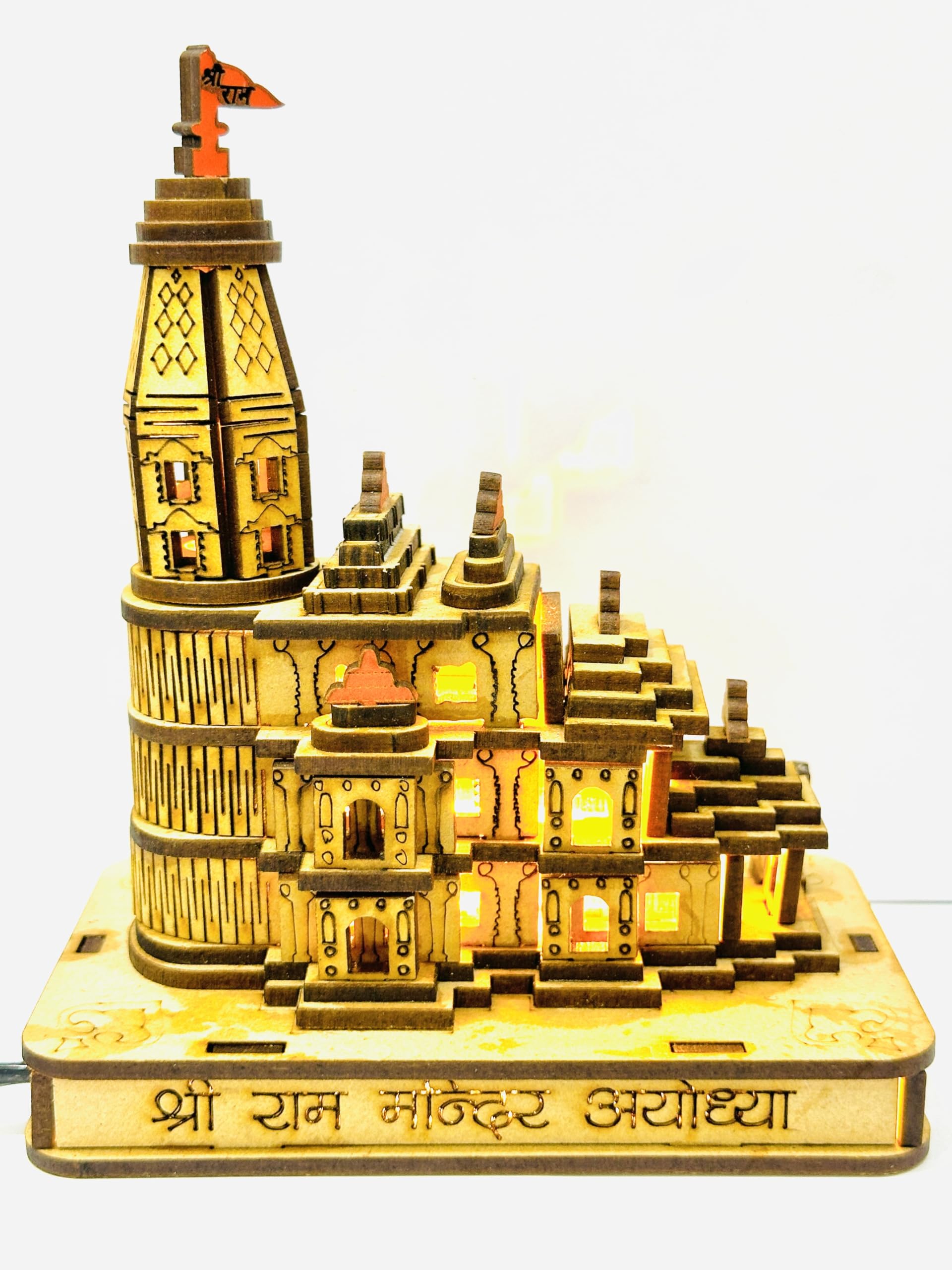 Teddy Berry Shri Ram Janmabhoomi Ayodhya Wooden 3D Temple Model with Yellow LED Lights - 7 Inch Decorative Spiritual Idol for Home & Office