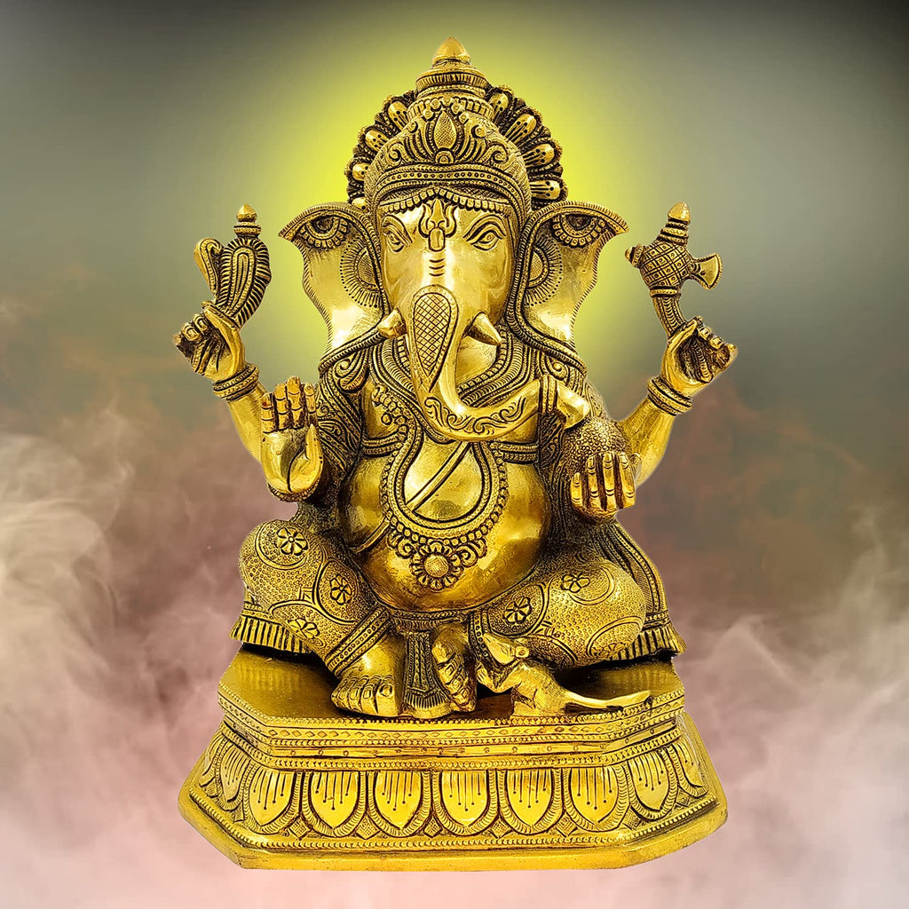 ARTVARKO Brass Ganesha Idol Ganesh Bhagwan Large Statue God Ganpati Murti for Home Pooja Entrace Décor Good Luck Vastu Decoration Showpiece 14 Inch