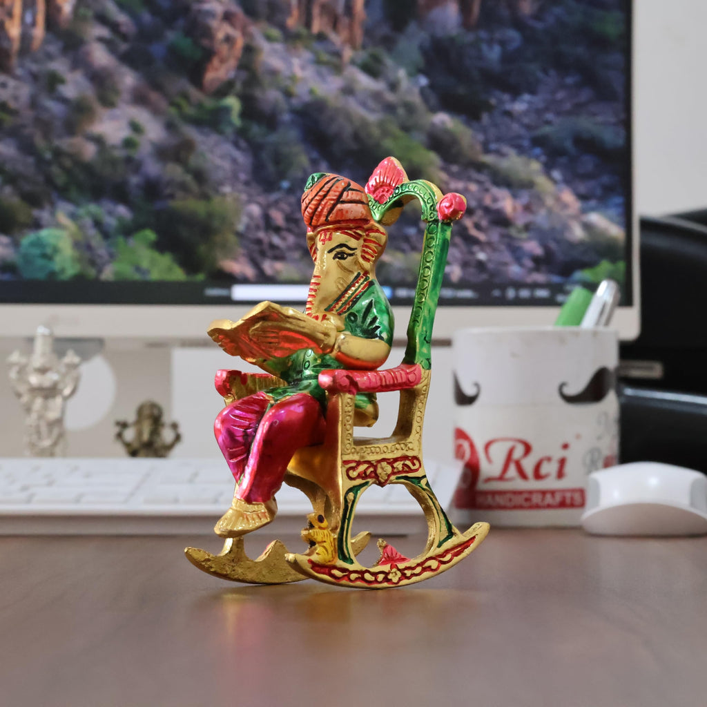 KridayKraft Metal Chair Ganesh ji Reading Book with Meenakari Work,Ganesha Metal Statue for Pooja & Home, Office Décor, Car Dashboard Religious Showpiece for Decoration & Gifting Article