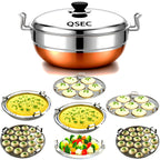 QSEC Stainless Steel 28 cm copper clad idly cooker 7 plates Multi Kadai Idli, momos and dhokla Steamer & idli cooker with stand | Mini idli stand | 2 Mini Idli plate | 2 idli | 2 Dhokla | 1 Momos |