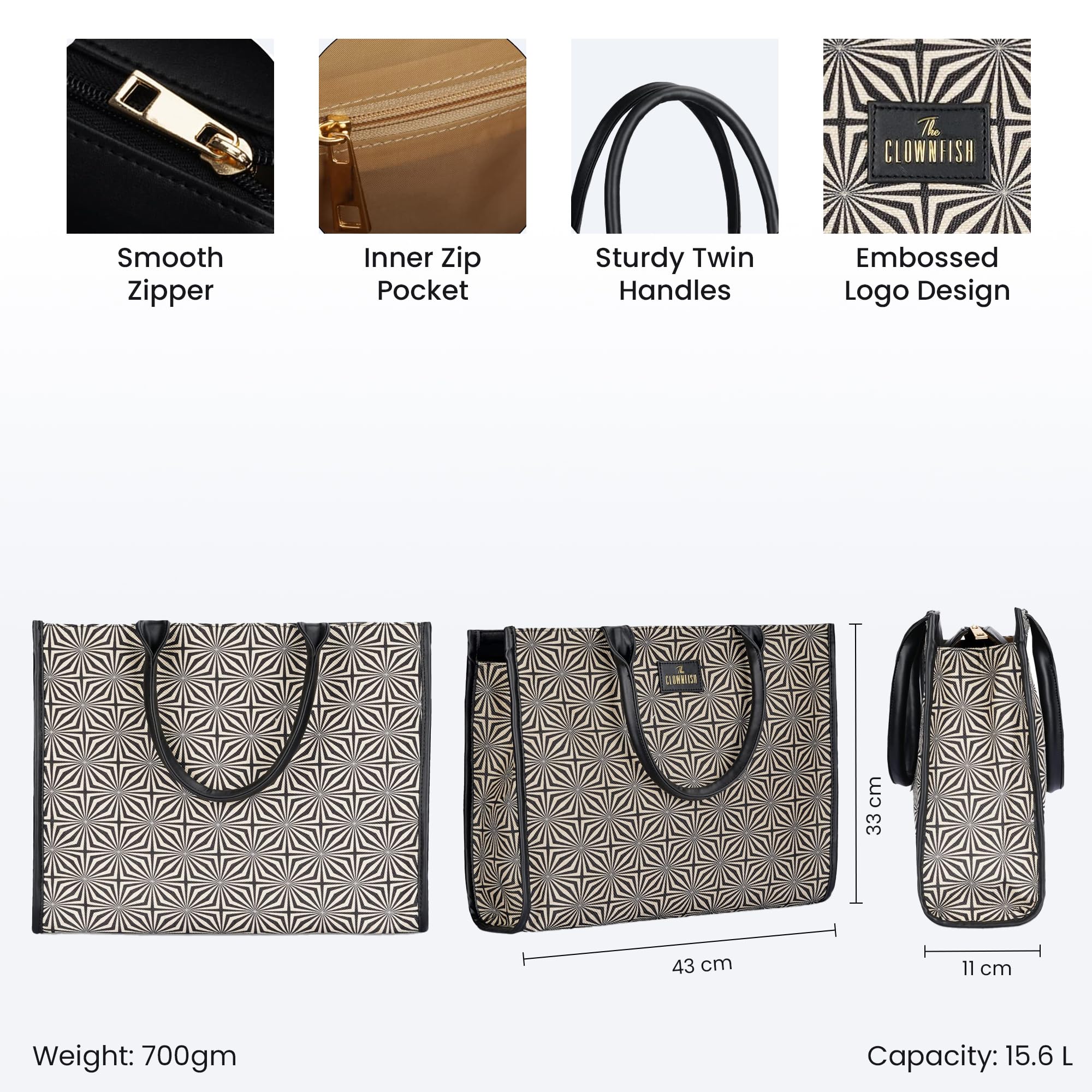 THE CLOWNFISH Opulence Series Multipurpose Handbag For Women Box Bag 14 inch Laptop Tote Printed Handicraft Fabric & Faux Leather Bag (Black-Geometric Design)