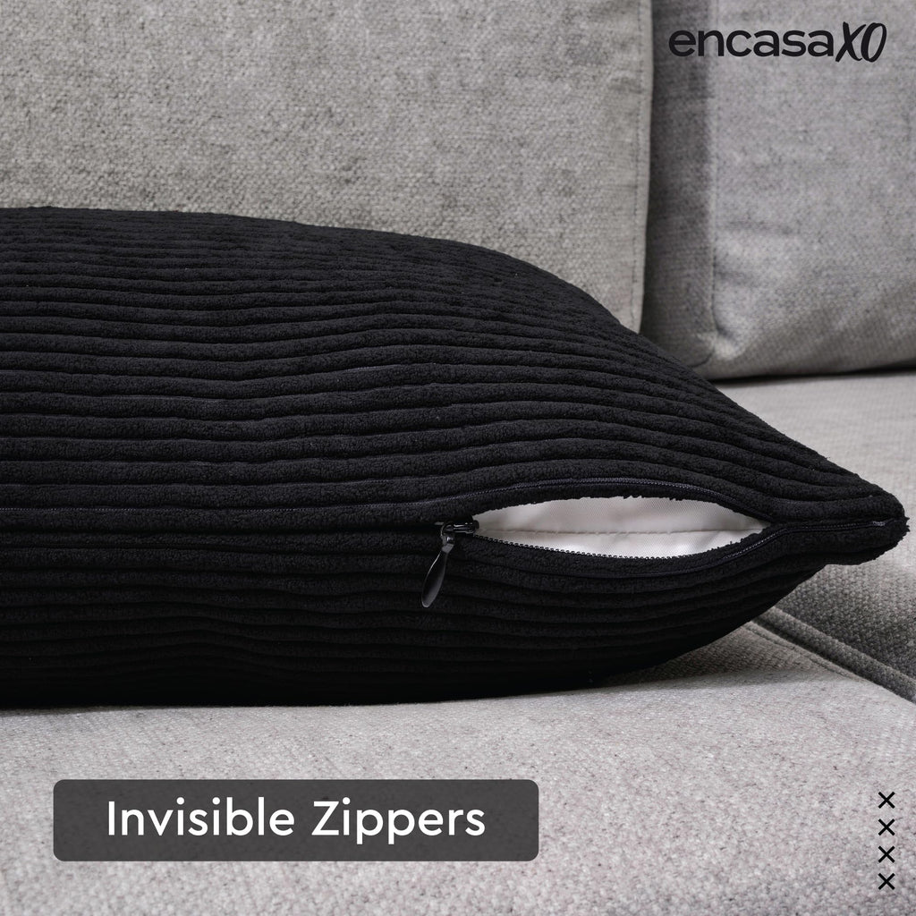 Encasa XO Corduroy Cushion Covers, No Inserts, Set of 2, Black