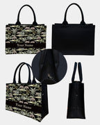 IN VOGUISH Safari Luxe Customized Tote Bag – Personalized Name Tote, Large 16x11x5 Inch Black Handbag with Safari Elephant & Palm Tree Print, Stylish Travel & Everyday Carryall