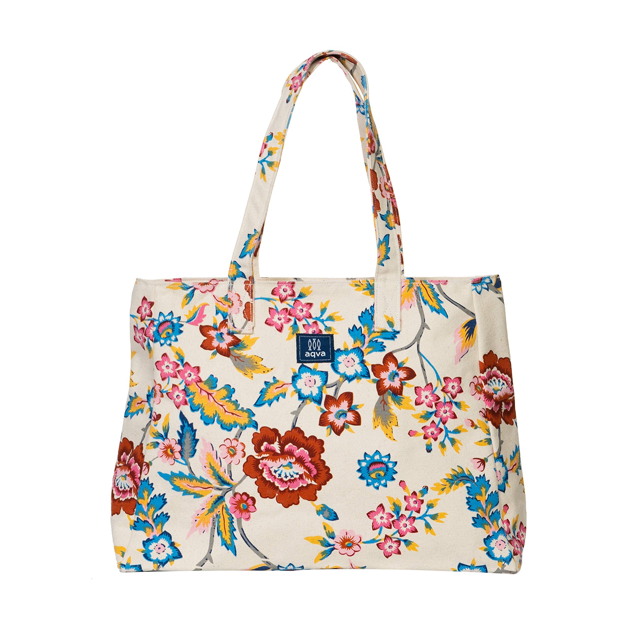 AQVA Printed Cotton Canvas Tote Bag for Women | Large Capacity | Stylish Multipurpose Shoulder Bag with Zip Closure | Hand Bag for Laptop Office, Travel & Shopping (Floral, Multicolor)