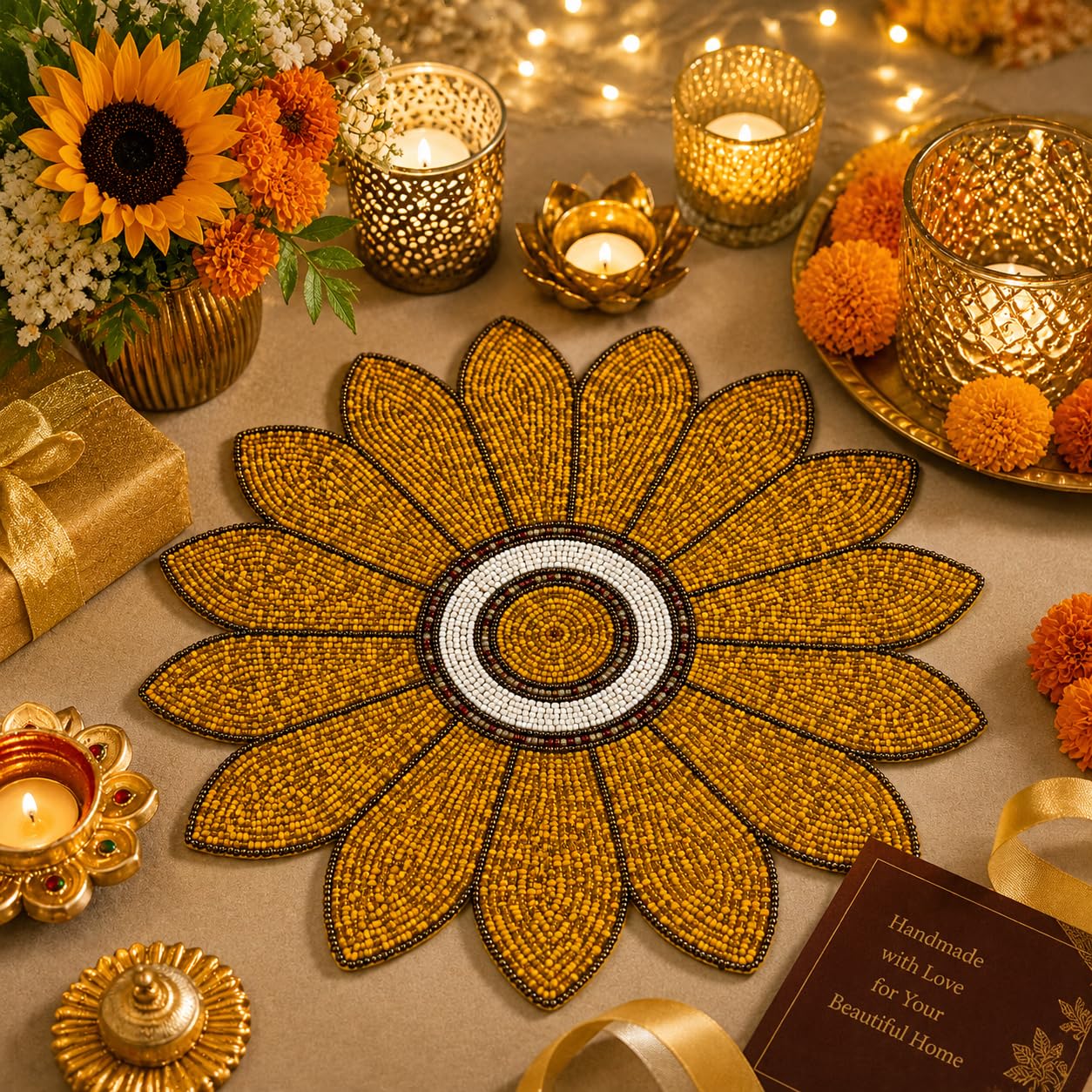 MFU – Made for You Handmade Beaded Round Placemat Sunflower Design Yellow Gold | Decorative Table Mat for Dining Table, Center Table, Coffee Table | Round Flower Table Mat for Home Décor Kafalo