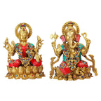 ARTVARKO Brass Ganesha Laxmi Ganesh Lakshmi Bhagwan Luxmi Idol Sitting on Lotus Big Statue for Home Office Success Entrance Décor Diwali Gift