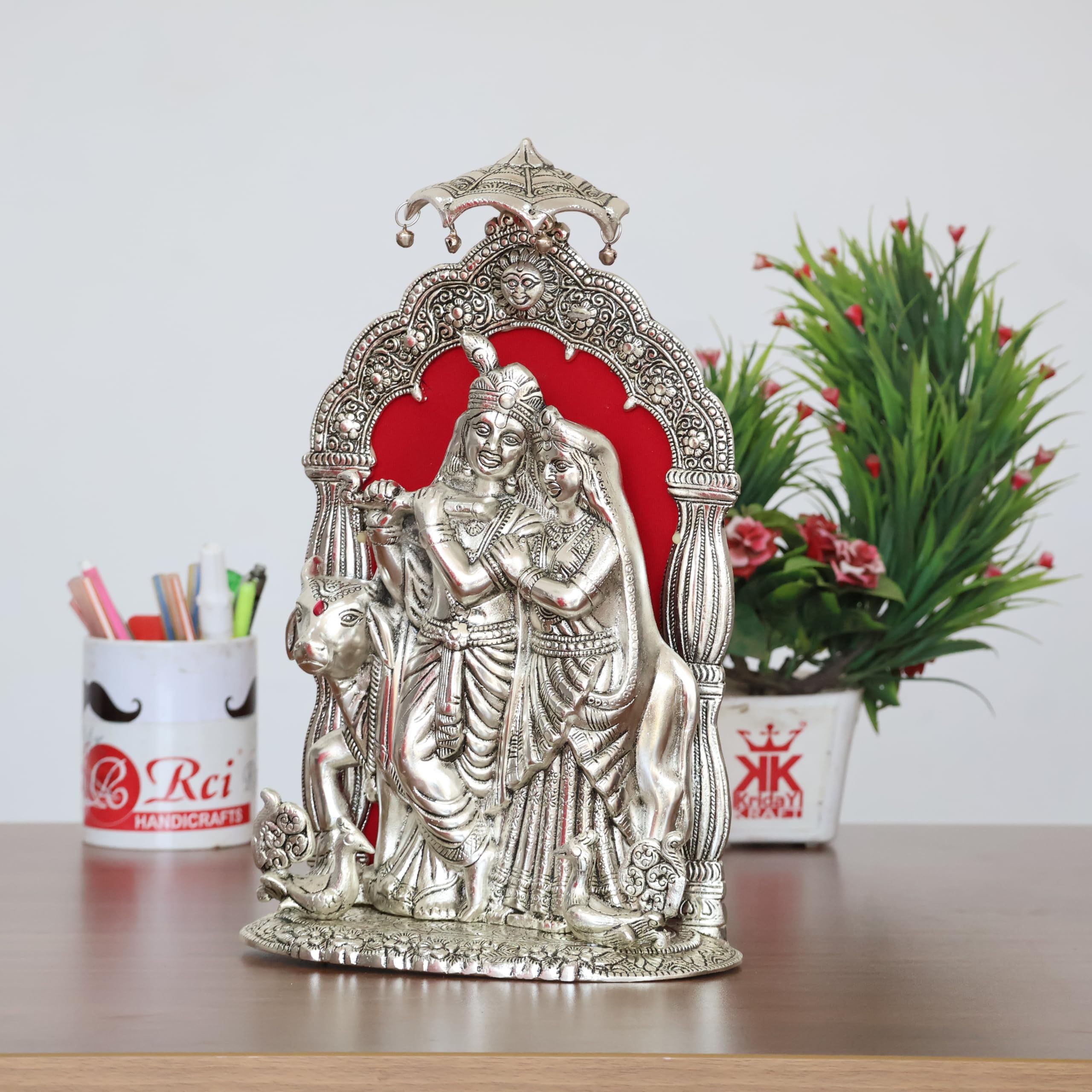KridayKraft Metal Radha Krishna Idol with Cow Decorative Showpiece Statue for Puja Room Home Office Desk Gift Items Ornate Metal Sculpture of Hindu Deities (Silver, Height 33 CM)