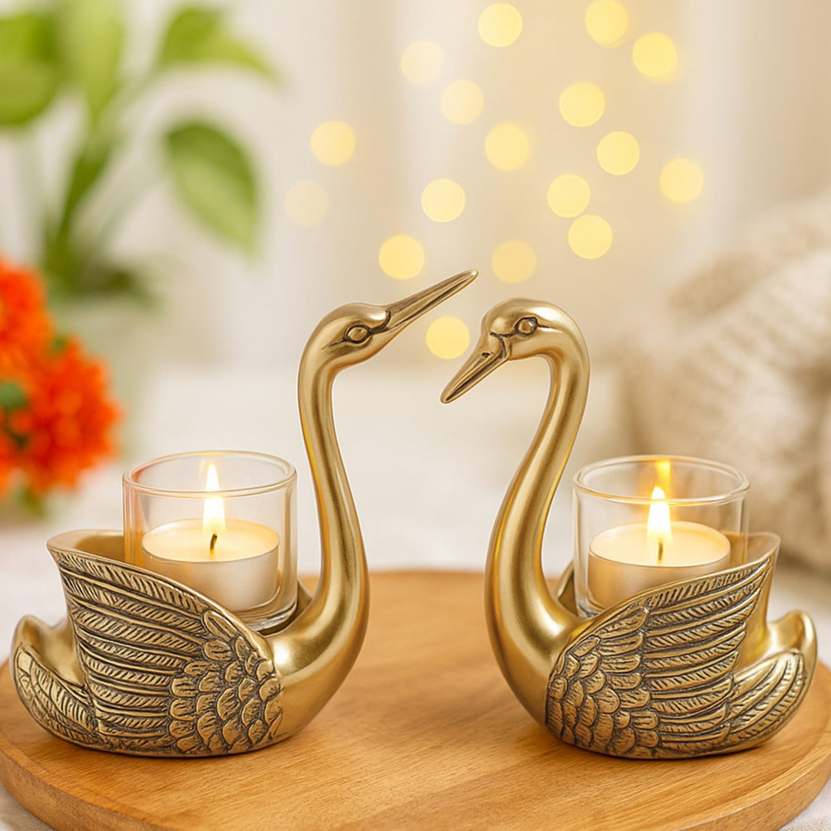 RAYLUXE Gold Aluminium Swan Pair Candle Holder for Good Luck | Wedding, Anniversary & Valentine’s Day Gift for Couples | Feng Shui Love Showpiece for Home Decor (Glass & Candles Not Included)
