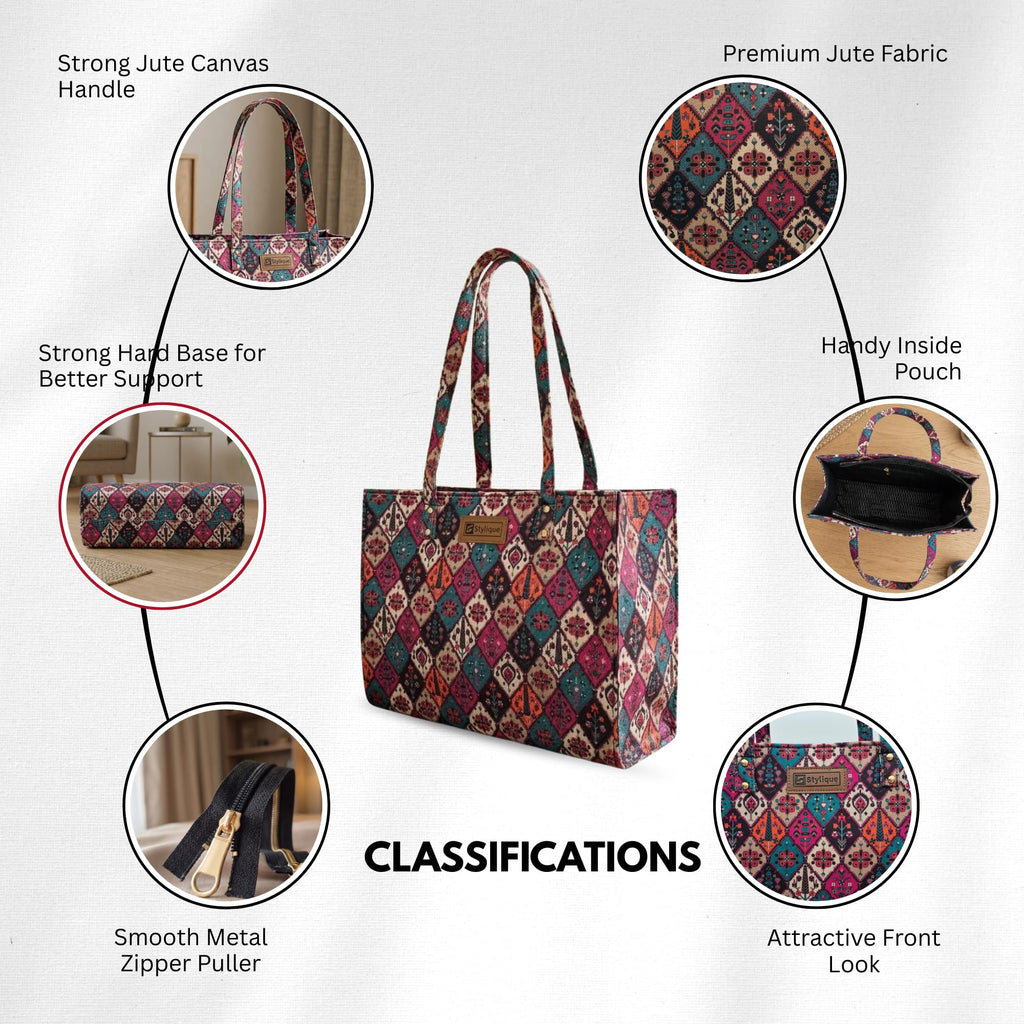 Stylique Women's Jute Tote Bag with Zip Closure — Large Laptop Handbag for Office, College & Travel | Eco-Friendly Cotton Canvas Shoulder Bag