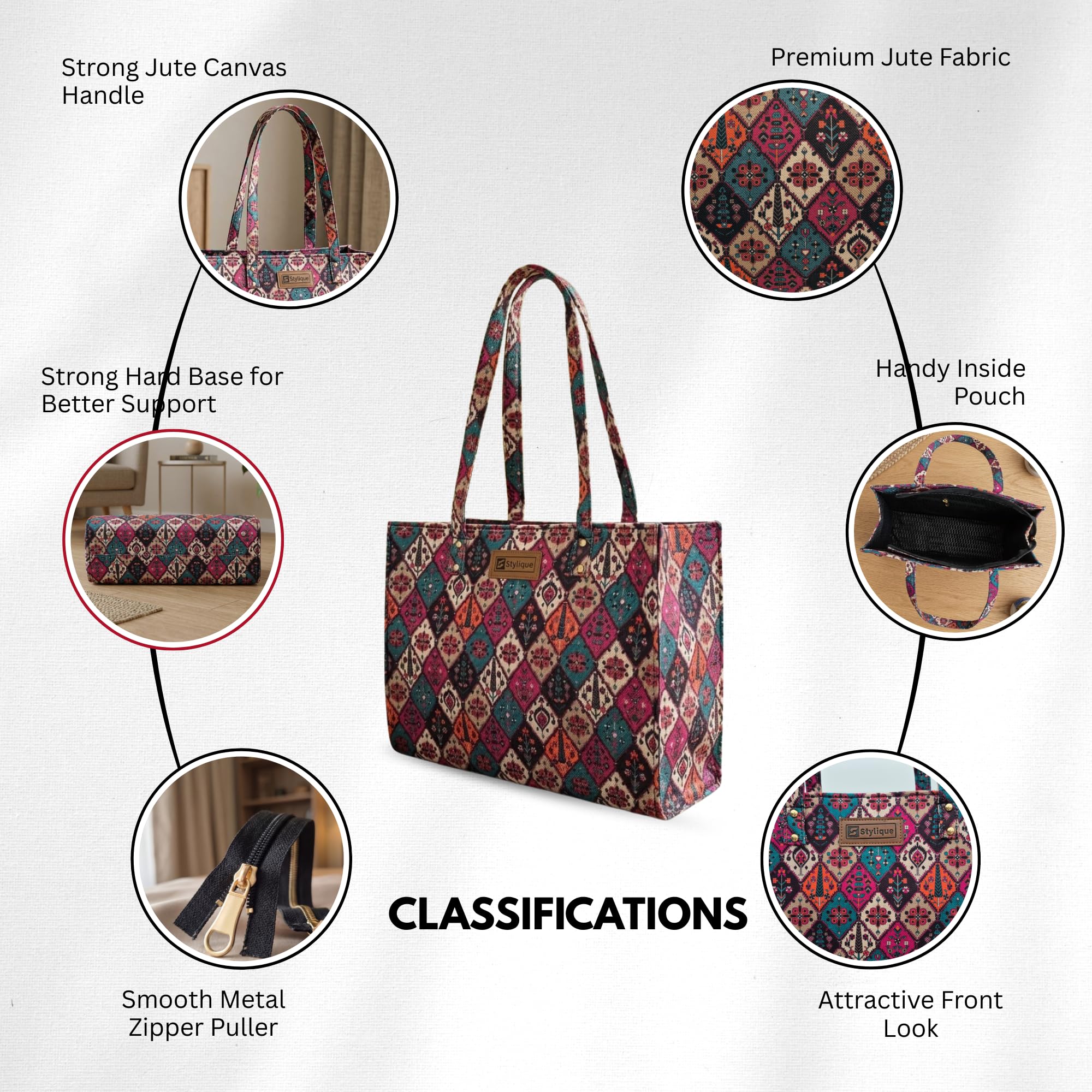 Stylique Women's Jute Tote Bag with Zip Closure — Large Laptop Handbag for Office, College & Travel | Eco-Friendly Cotton Canvas Shoulder Bag