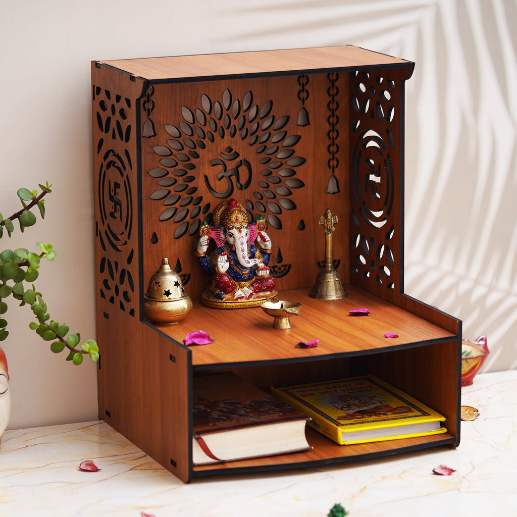 KamlaArt OM Wooden Temple Beautiful MDF Wooden Temple/Pooja Mandir for Home and Office/Wall Mounted Temple Home Decor Temple (15.35 Inches) Brown