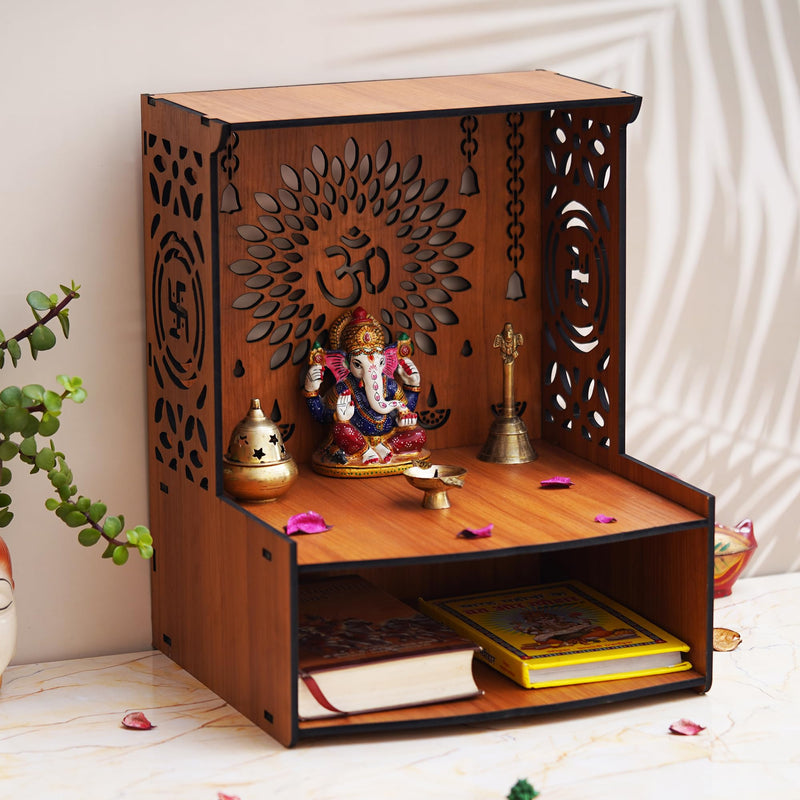 KamlaArt OM Wooden Temple Beautiful MDF Wooden Temple/Pooja Mandir for Home and Office/Wall Mounted Temple Home Decor Temple (15.35 Inches) Brown