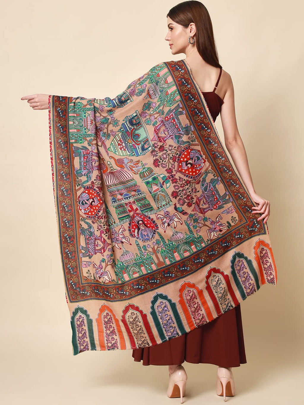 Pashmoda Women Noor Pure Wool Kalamkari Hand Embroidered Shawl (Size: 101 X 203 Cms)