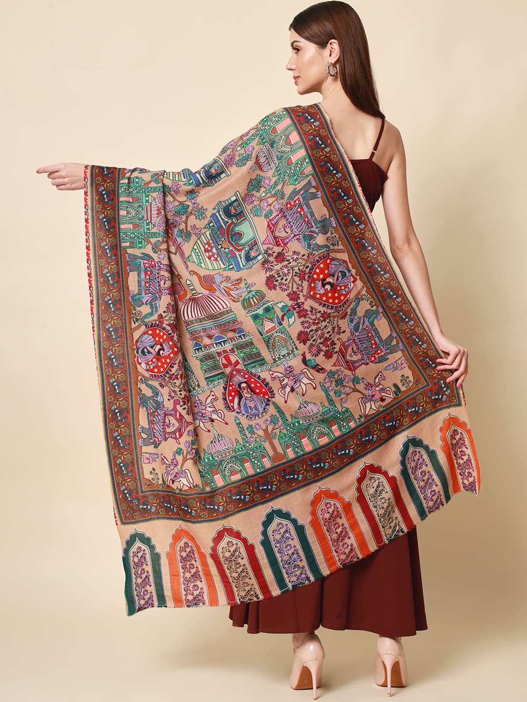 Pashmoda Women Noor Pure Wool Kalamkari Hand Embroidered Shawl (Size: 101 X 203 Cms)