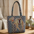 Ethnic Jacquard Cotton Tote Bag for Women | Handcrafted Embroidered Camel Design Handbag with Zipper Closure & Internal Pocket | Traditional Shoulder Bag for Shopping