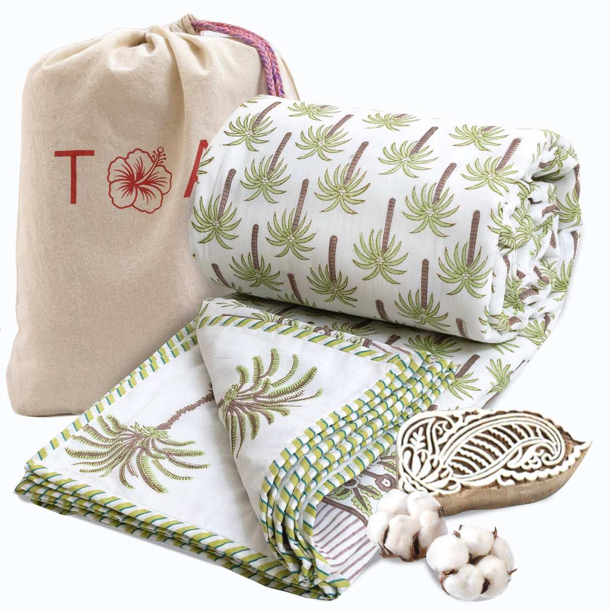 TOAIArt Premium Jaipuri Dohar | AC Blanket Summer Quilt | Hand Block Printed | 3 Layers | Reversible | 150GSM 100% Mulmul Cotton | 100% Cotton Flannel Filling | Queen 90 X 108 |Small Palm Kafalo