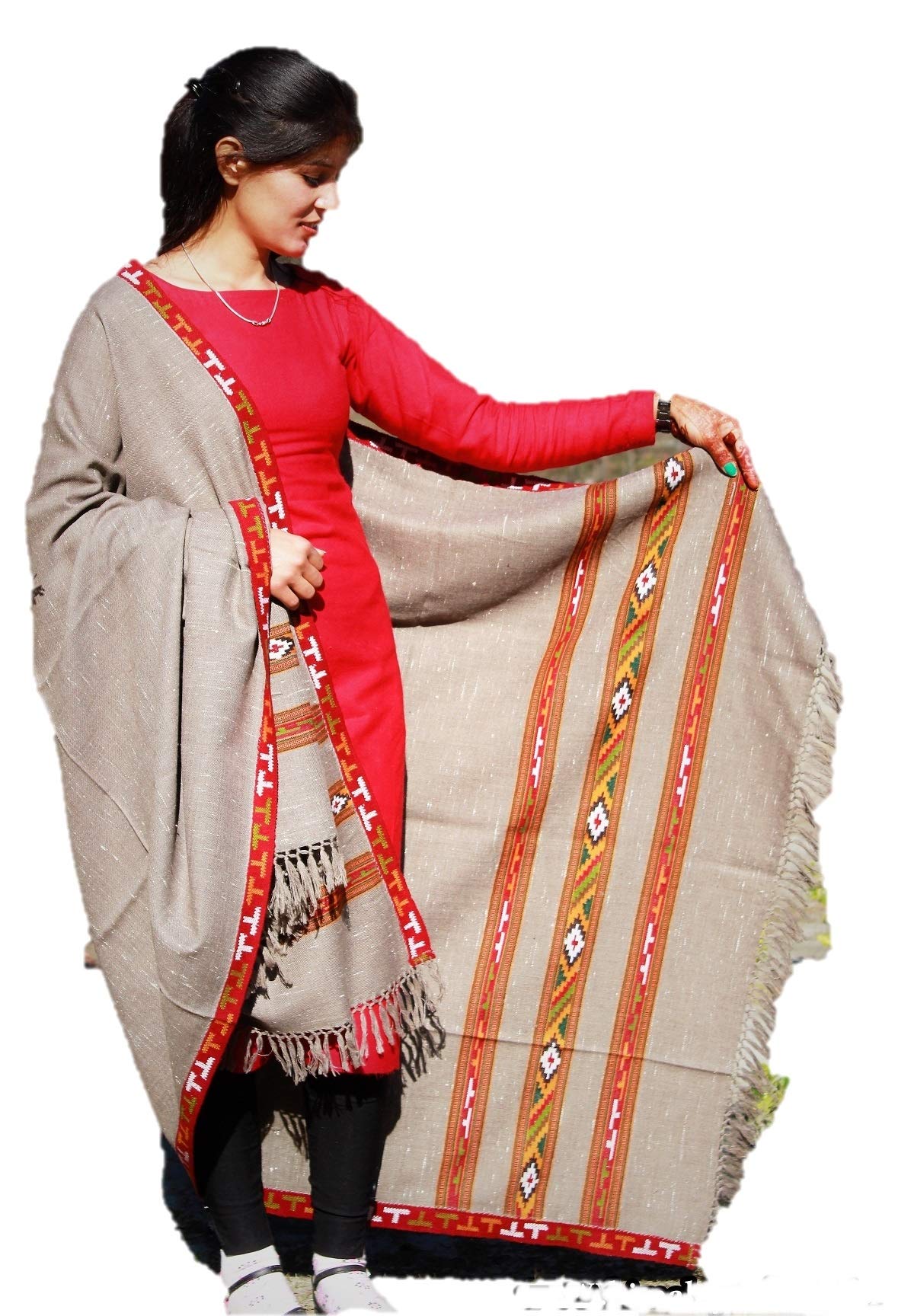 HImalayanKraft Hand Woven Kullu Handloom Pure Woolen Shawl Grey Colored with Beautiful Kullu Weaving 3 Patti Designed for Women and Girls.