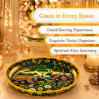 Pavitra Uphaar Pichwai Art Round Serving Tray, Solid Wood Platter with Sacred Cow Design & Celestial Forest Motif, Premium Glossy Finish Decorative Table Decor Tray for Festive Gifting (Medium)