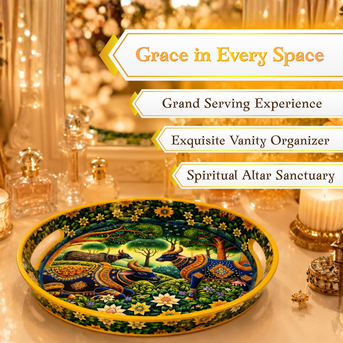 Pavitra Uphaar Pichwai Art Round Serving Tray, Solid Wood Platter with Sacred Cow Design & Celestial Forest Motif, Premium Glossy Finish Decorative Table Decor Tray for Festive Gifting (Medium)