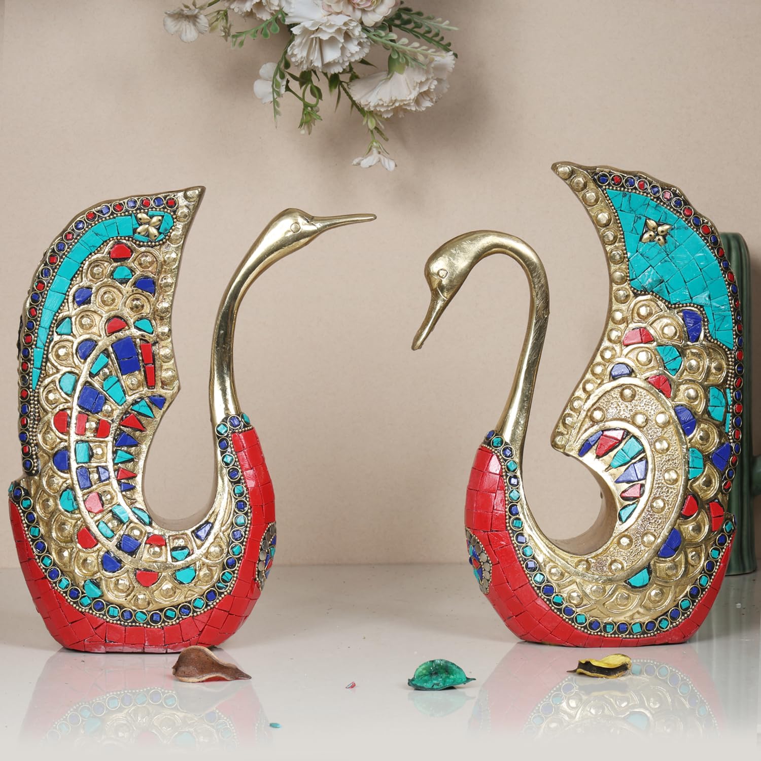 SVARUP Brass Swan Duck Pair Love Couple Vastu Feng Shui Decorative Animal Figure Gift Items 9.5 Inch Multicolor
