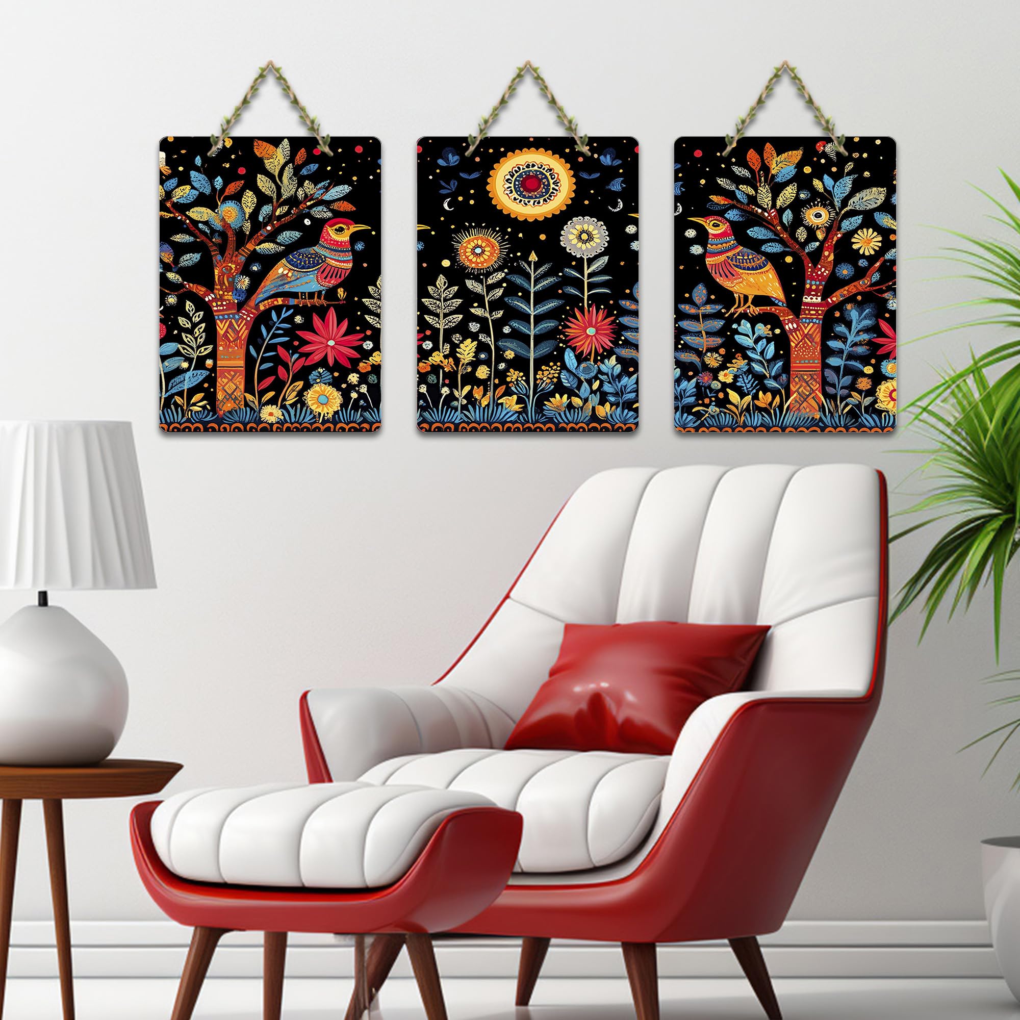 Artvibes Colorful Birds Floral Motifs & Gorgeous Trees Decorative MDF Wooden Wall Art for Home | Wall Accent | Sceneries | Wall Illustrations | Graphic Artwork | Unique Gift Items (WH_9679N), Set of 3
