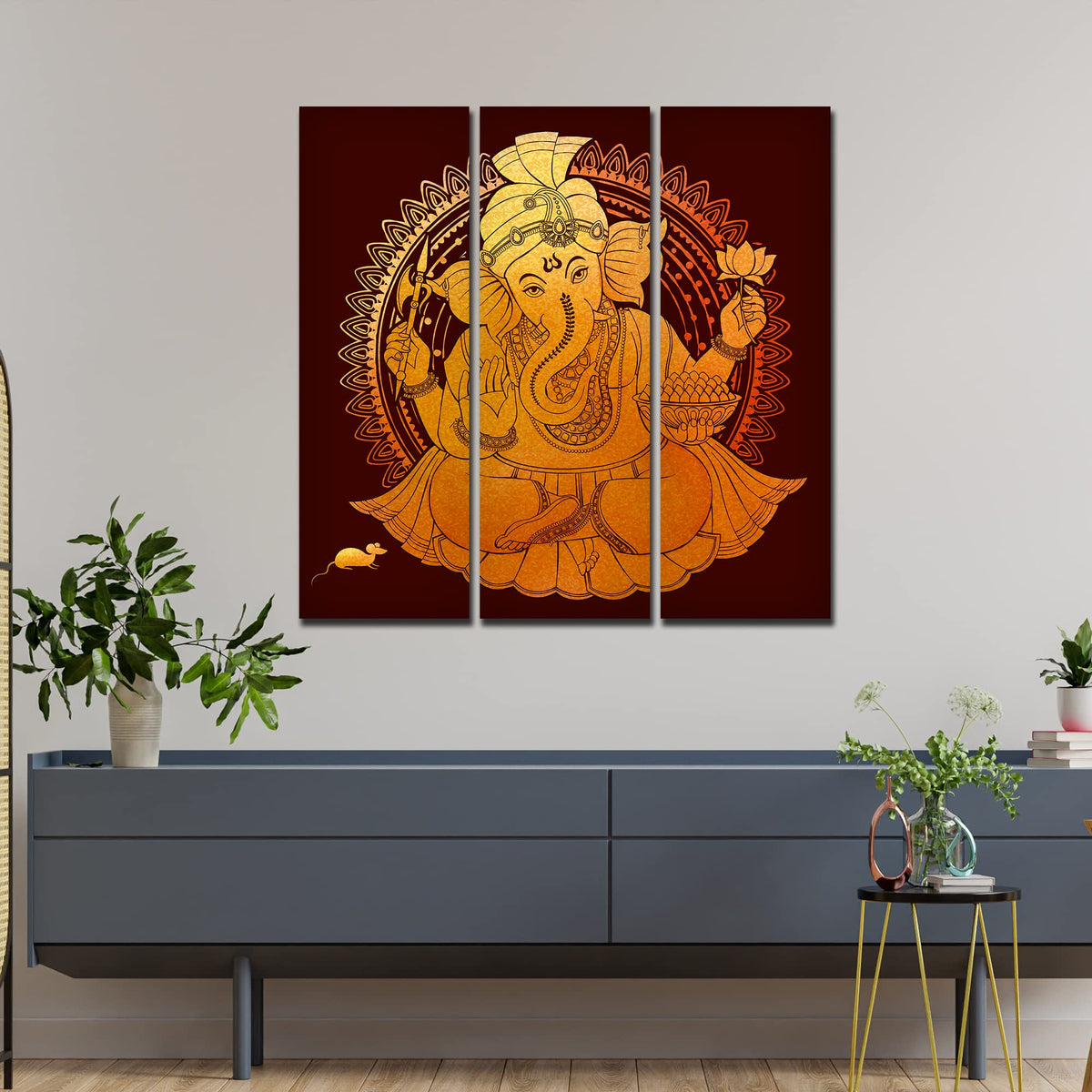 VIBECRAFTS Beautiful Shree Ganesh 3 Pieces Canvas Wall Painting Fitted With Wooden Frame For Home | Office | Living Room | Gifts (PTVC3Pcs1_9558)