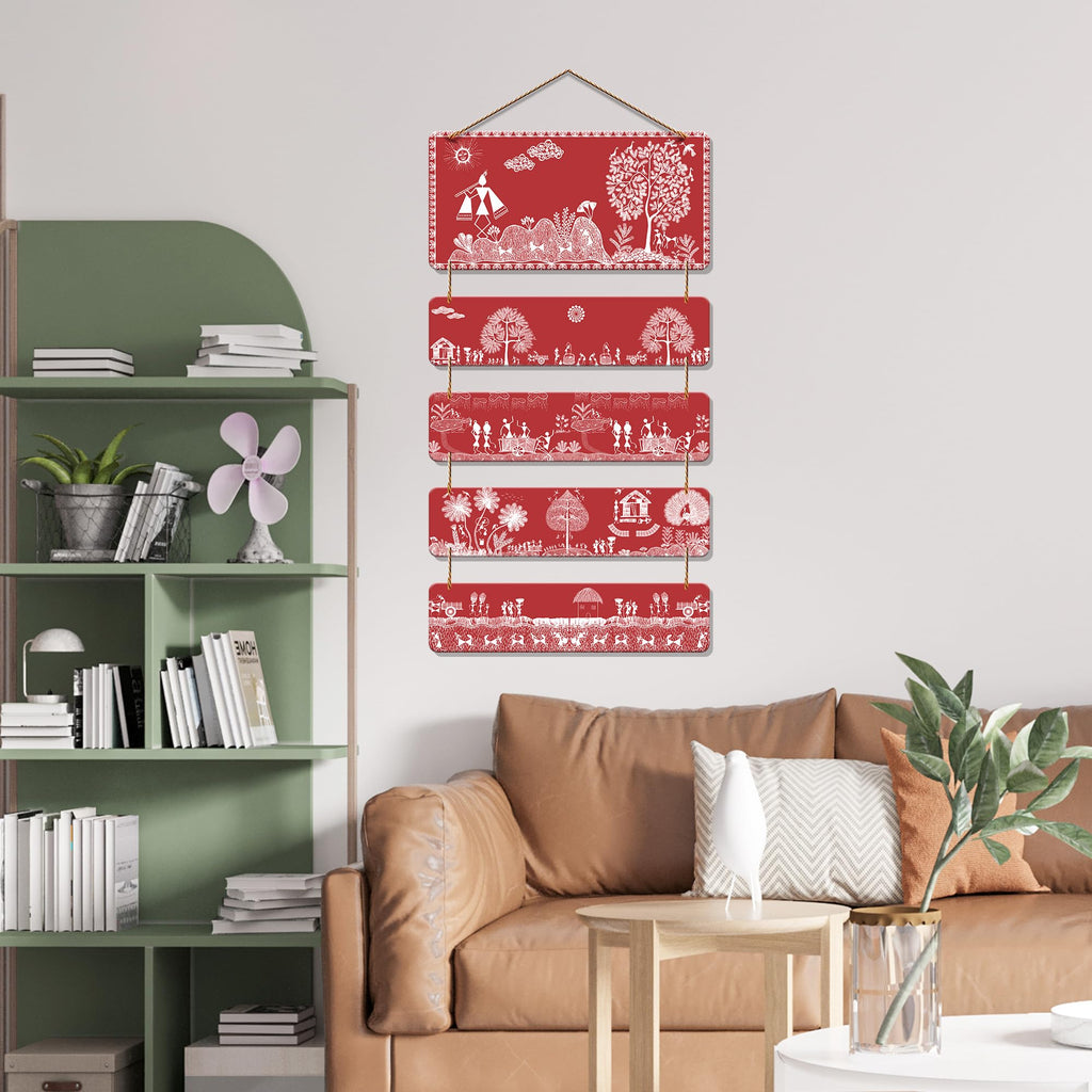 Artvibes Red Warli Tribal Art Wooden Wall Hanging Decoration Items for Home | Bedroom | Mdf Designer Artwork Decorative for Living Room | Ideal Gifts | Stylish Modern Decor Item (WH_6720N)