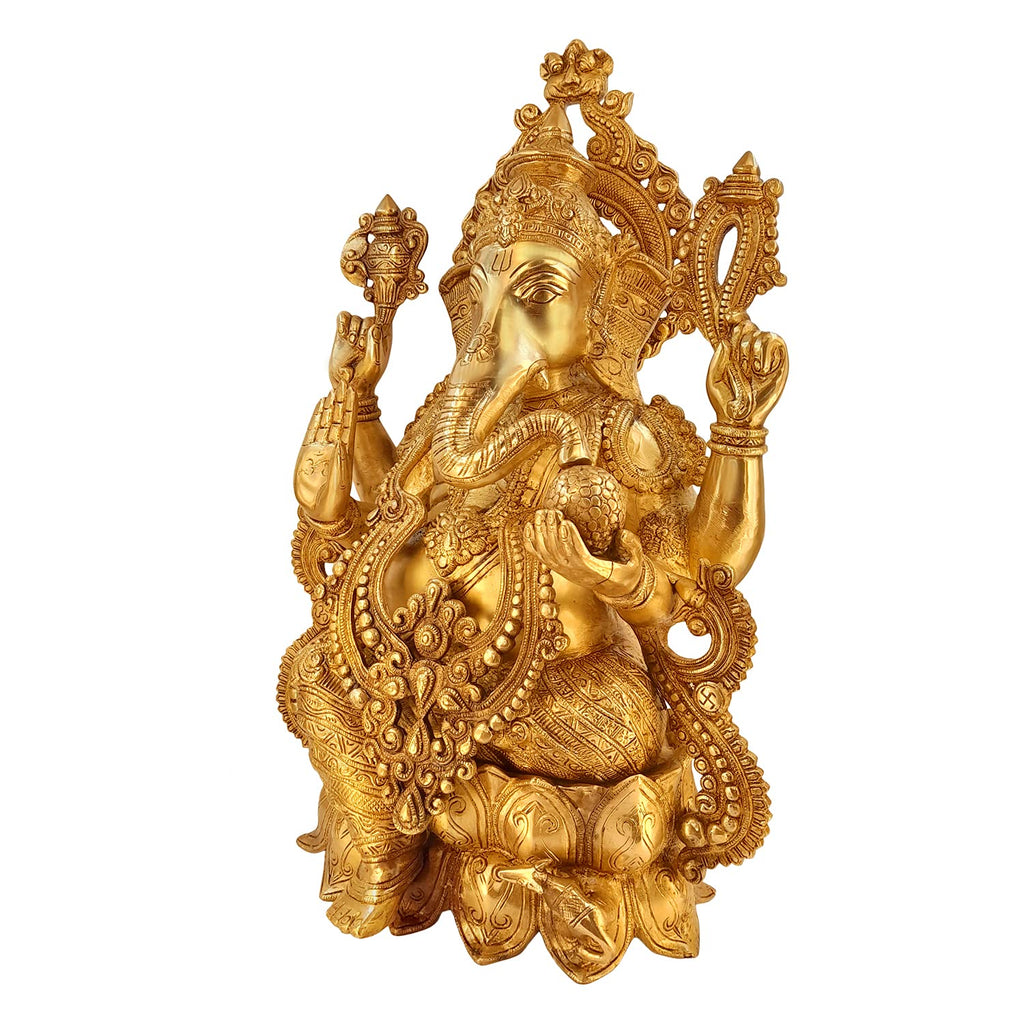 ARTVARKO Big Brass Ganesha Idol Sitting On Lotus Bhagwan Mangalkari Ganesh Statue Ganpati Murti for Home Entrance Decor Diwali Gift Height 21 Inches