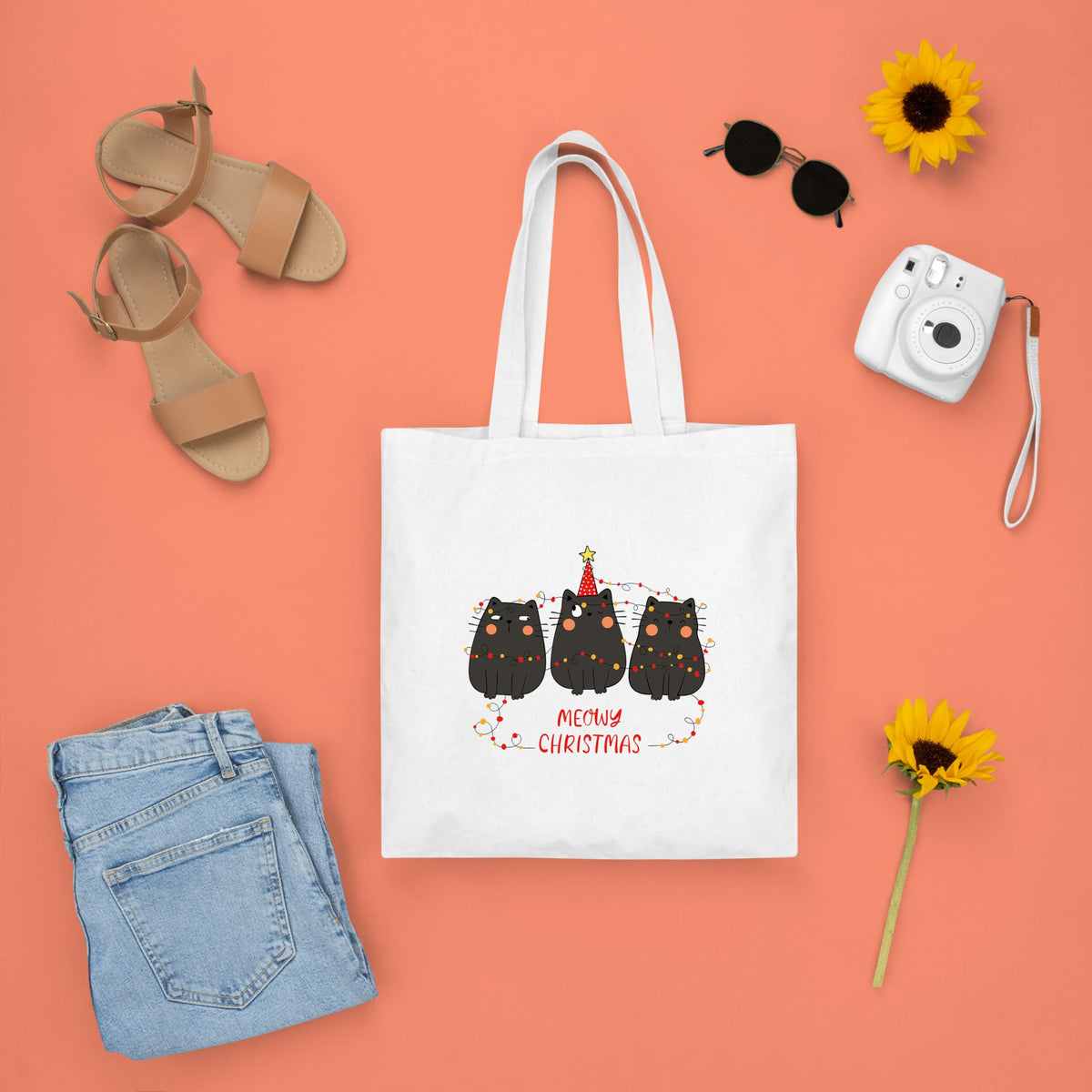 Happu-White Cotton Canvas Tote Bag with Zip | Happy Christmas Festive Print | Reusable, Washable & Eco-Friendly Multi-Purpose Tote for Women & Girls HPK-3435