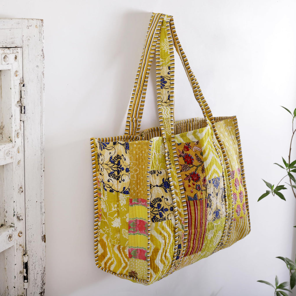 Ravaiyaa - Attitude is everything Patchwork Quilted Shoulder Tote Bag Women Reversible Shoulder Bag Cotton Carry Bag Multipurpose Tote Bags (Yellow)