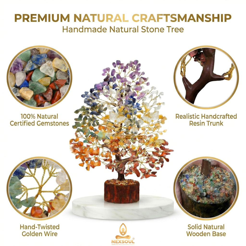 NEXSOUL 7 Chakra Crystal Tree (300 Beads) – Amethyst, Lapis, Citrine & Natural Gemstones on Golden Wire Bonsai – Vastu & Feng Shui Money Tree for Living Room & Office – Certified Spiritual Gift