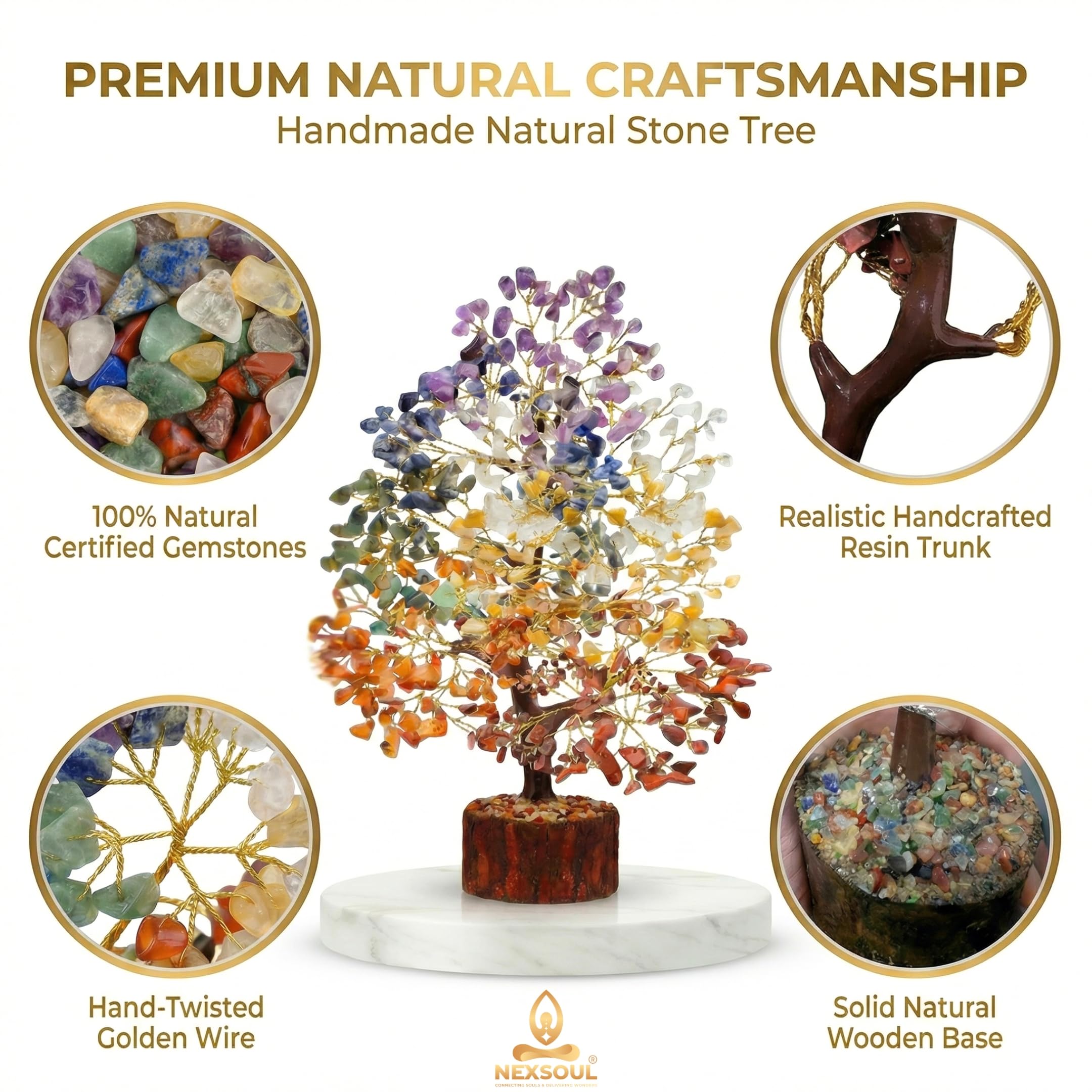 NEXSOUL 7 Chakra Crystal Tree (300 Beads) – Amethyst, Lapis, Citrine & Natural Gemstones on Golden Wire Bonsai – Vastu & Feng Shui Money Tree for Living Room & Office – Certified Spiritual Gift