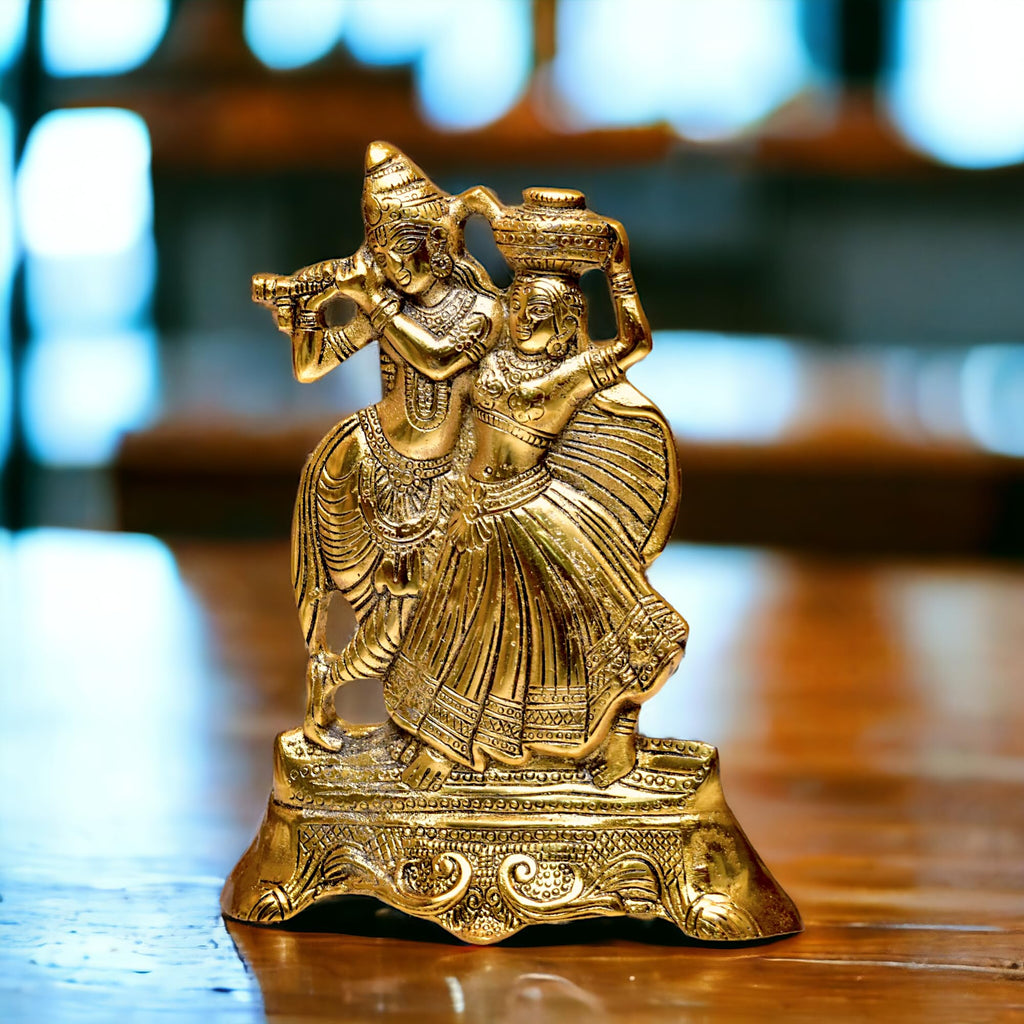 KridayKraft Aluminium Gold Plated Radha Krishna Idol Statue Showpiece - Decoration Items for Home Decor Living Room Mandir Temple Pooja Room Table Top Office