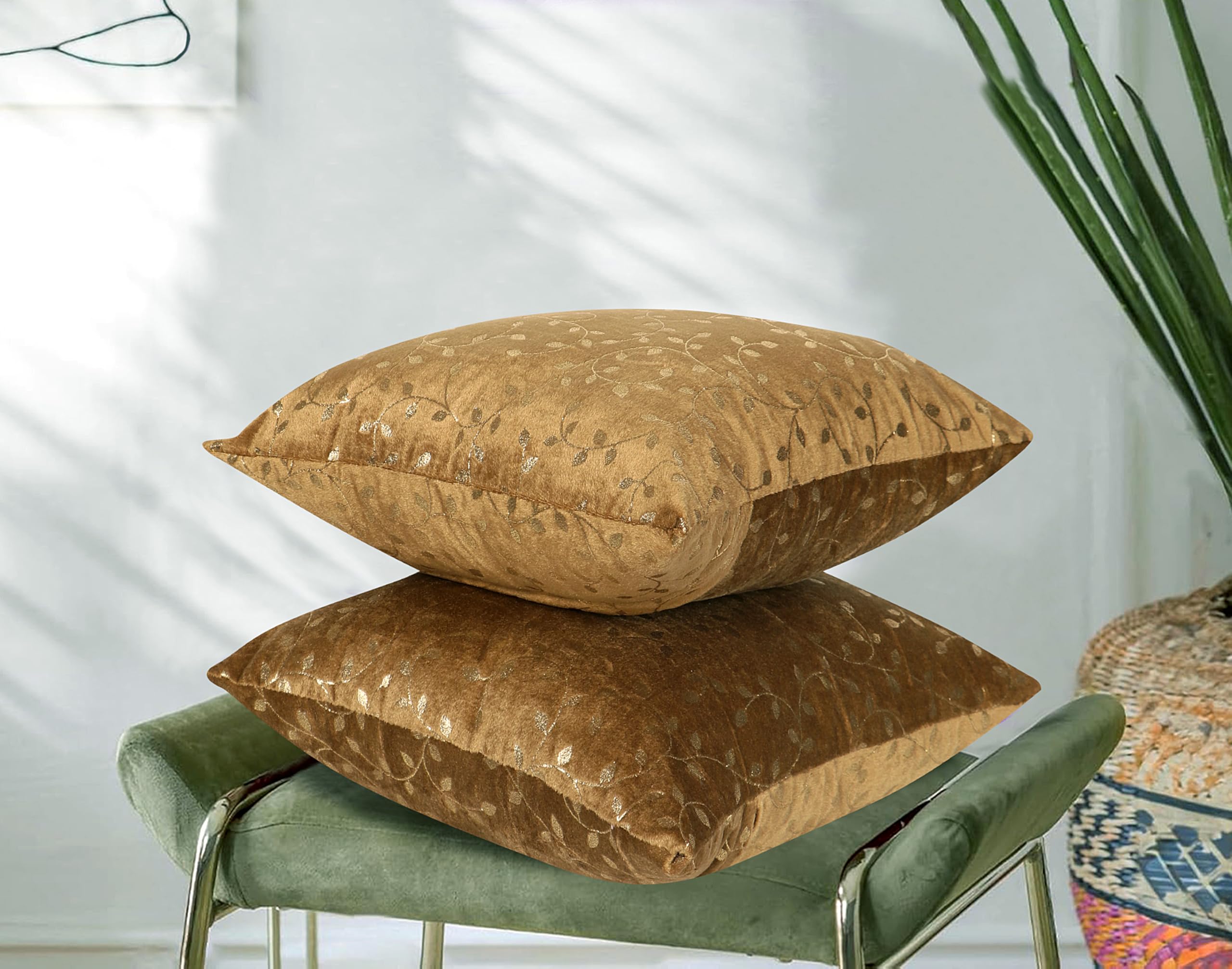 RD TREND® Premium Velvet Cushion Covers Set of 2 | Soft Decorative Throw Pillowcases for Sofa, Bed & Living Room | Cushion Cover 24 inch x 24 inch (60x60 cm) Golden Brown