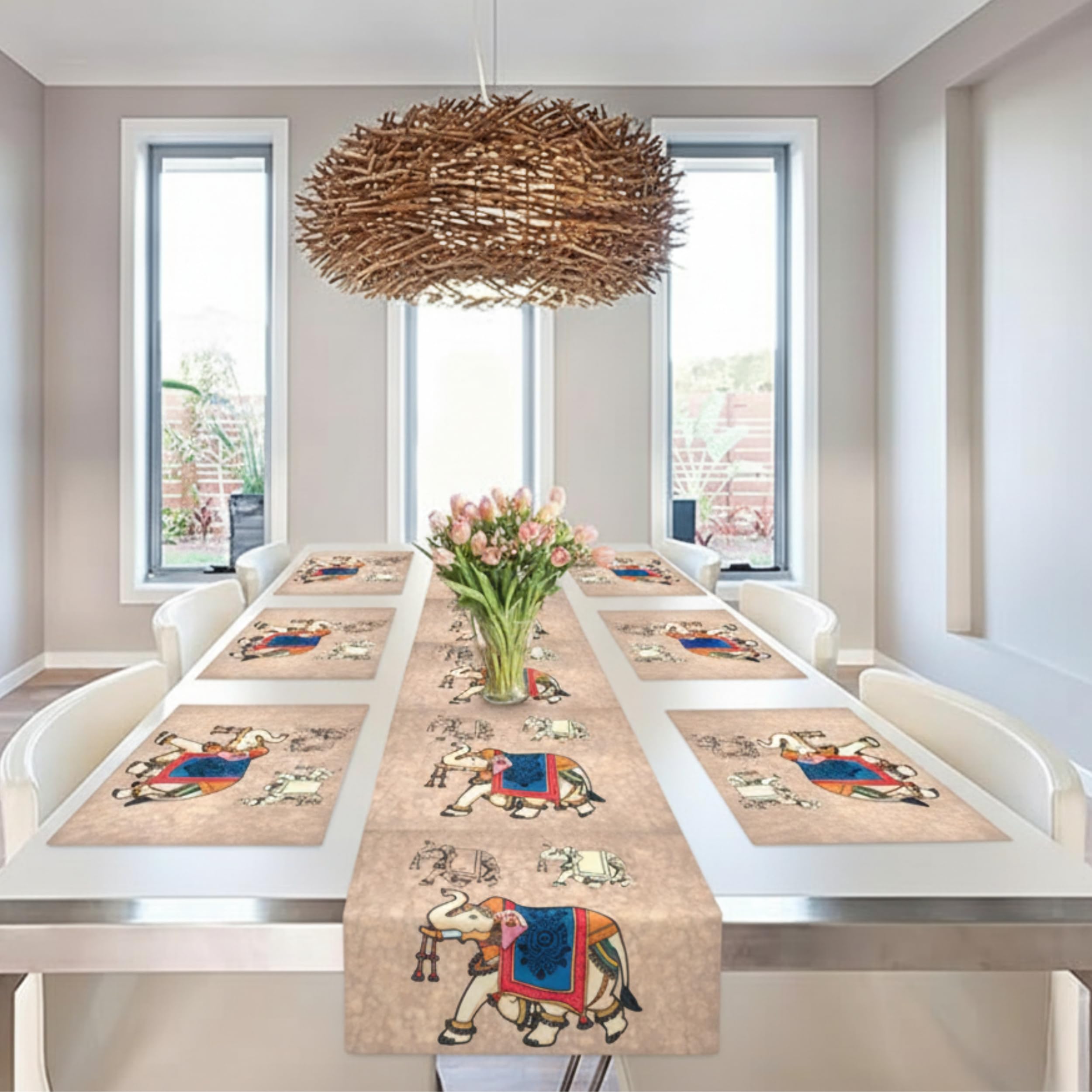 PRAKARTIK BY INDUARTS Dining Table Mats Set of 6 with 135 cm Runner - Elephant Ethnic Theme,Digital Print, Washable, Indoor/Outdoor, Heat-Proof, Water Resistant, Wipe & Clean (47X33 cm) Cream Kafalo