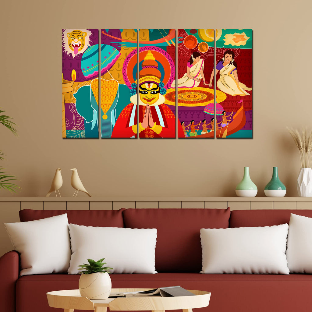 VIBECRAFTS Celebration Onam Festival 5 Pieces Canvas Wall Painting For Home | Office | Living Room | Gift (PTVC5Pcs4_8515)