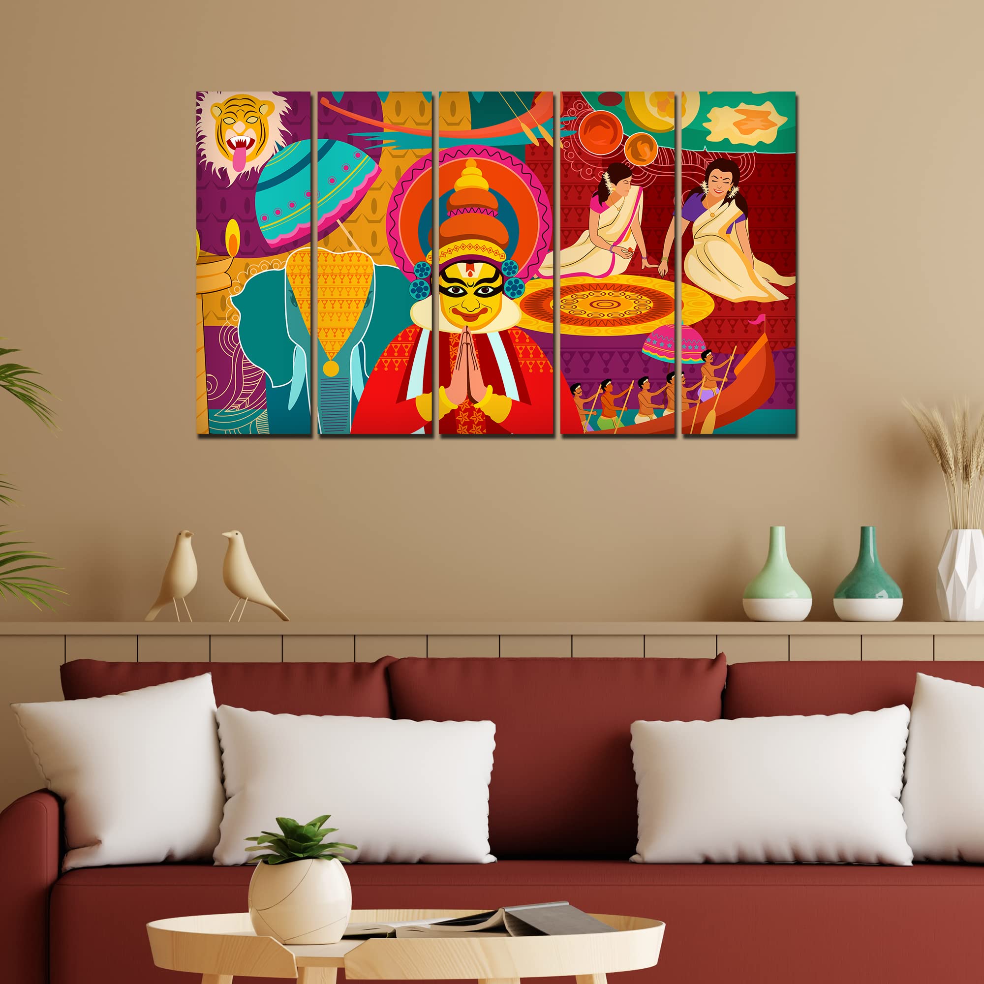 VIBECRAFTS Celebration Onam Festival 5 Pieces Canvas Wall Painting For Home | Office | Living Room | Gift (PTVC5Pcs4_8515)