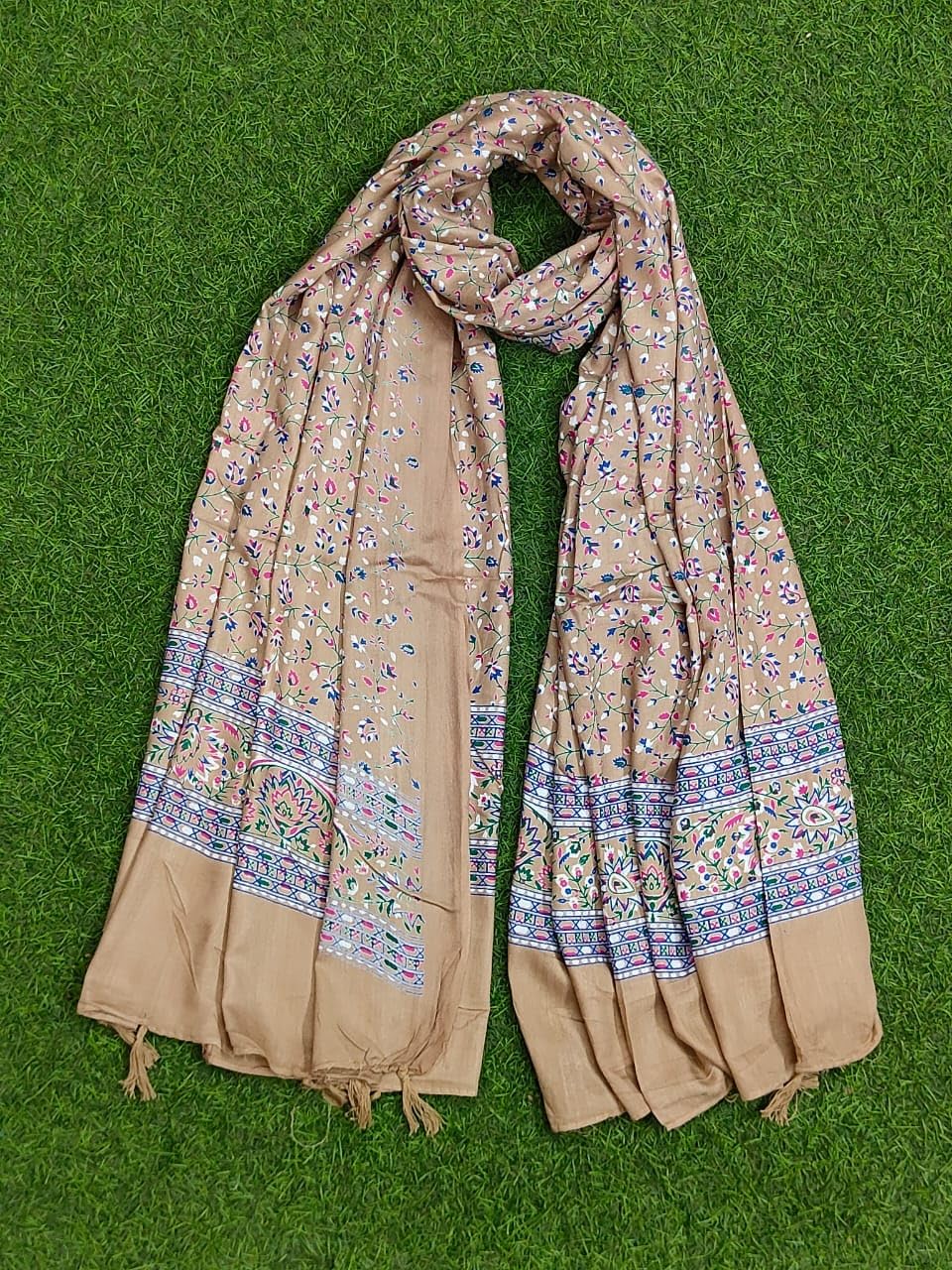 JAHAN TEXTILE Floral Printed Scarf for Women | Soft Lightweight Dupatta/Stole with Tassels | Elegant Ethnic & Casual Wear Wrap | Stylish Designer Shawl for All Seasons (Khakhi)