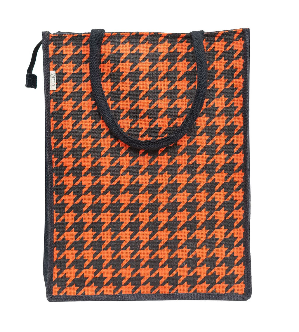 JUTEKA Orange Houndstooth Printed Jute Lunch Bag, Grocery Tote, Hand Bag, Picnic Bag for Men, Women, Girls, Kids with Zip