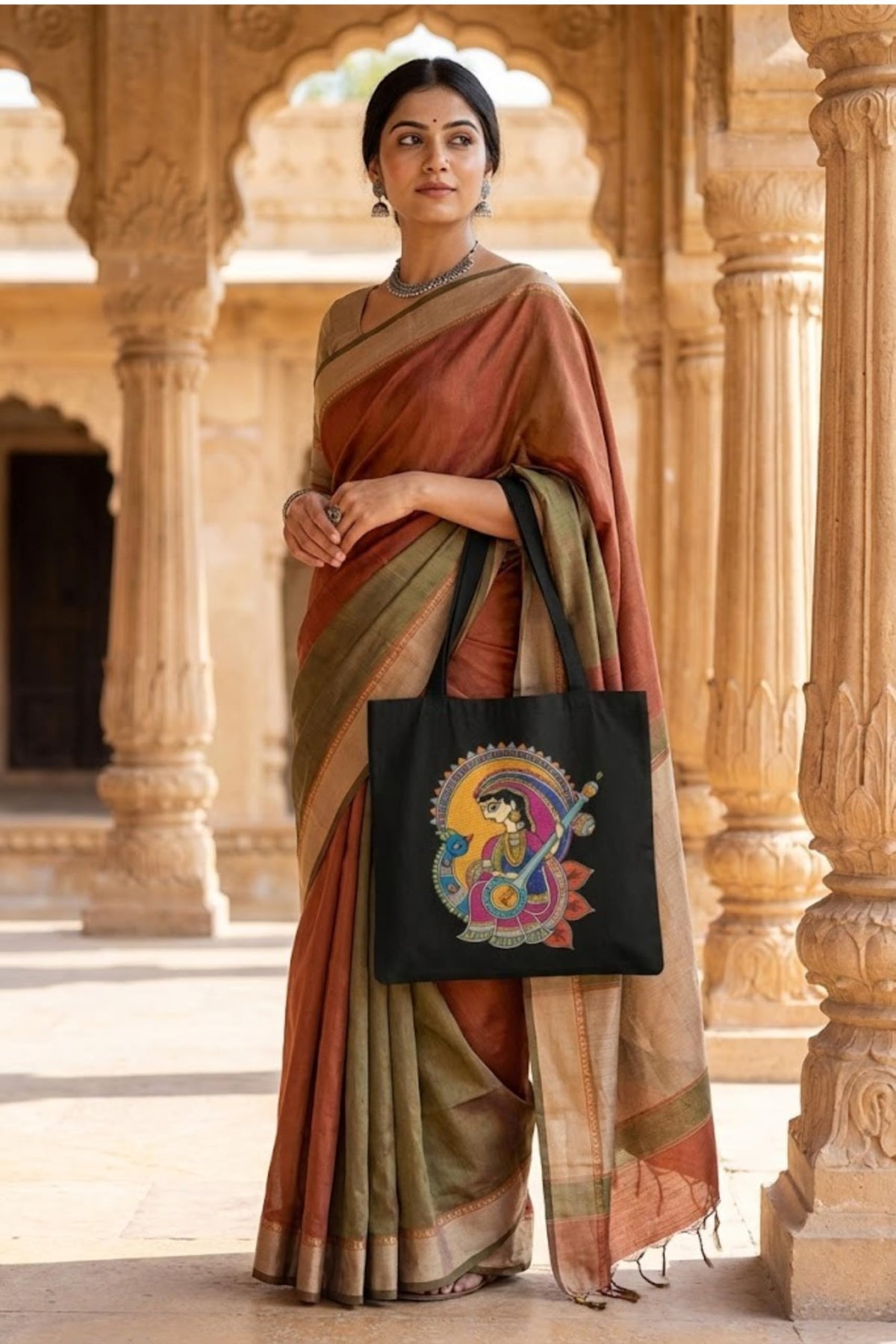 stilotee Women Cotton Tote Bag – Black Reusable Canvas Carry Bag with Goddess Saraswati Kalamkari Style Print | Traditional Indian Art Tote for College, Books, Shopping & Daily Use (black shaded)