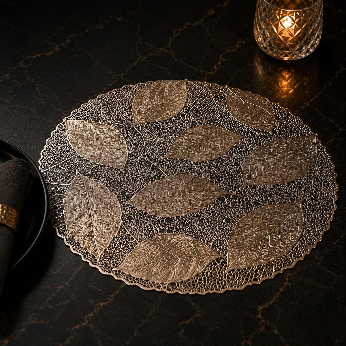 MINI MONK Table mat Round Shape| Gold Table mat Round | Cutwork Design mat | Dining Table mats | Dressing Table MATS | Bed Side Table mats (Leaf) Kafalo