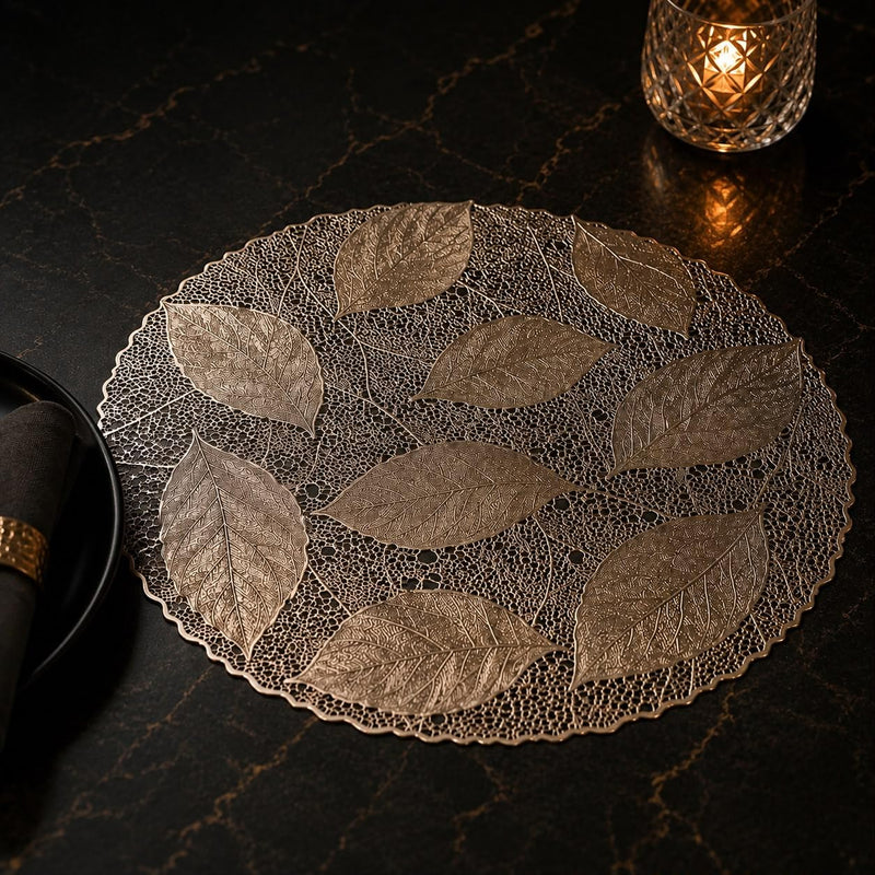 MINI MONK Table mat Round Shape| Gold Table mat Round | Cutwork Design mat | Dining Table mats | Dressing Table MATS | Bed Side Table mats (Leaf) Kafalo