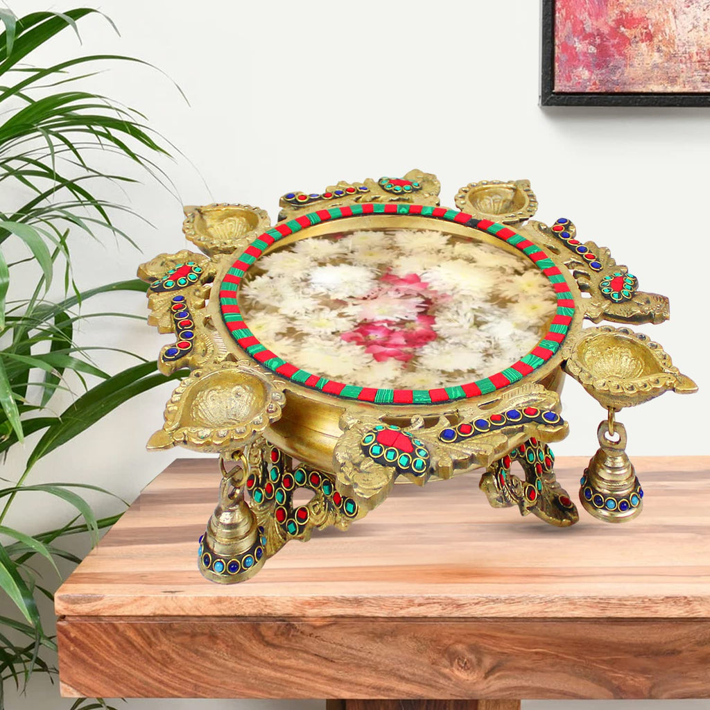 ARTVARKO™ Brass Peacock Design Traditional Multicolor Stone Urli with Diyas and Bells Flowers Bowl Showpiece Home Office Gift 13 Inch