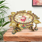 ARTVARKO™ Brass Peacock Design Traditional Multicolor Stone Urli with Diyas and Bells Flowers Bowl Showpiece Home Office Gift 13 Inch