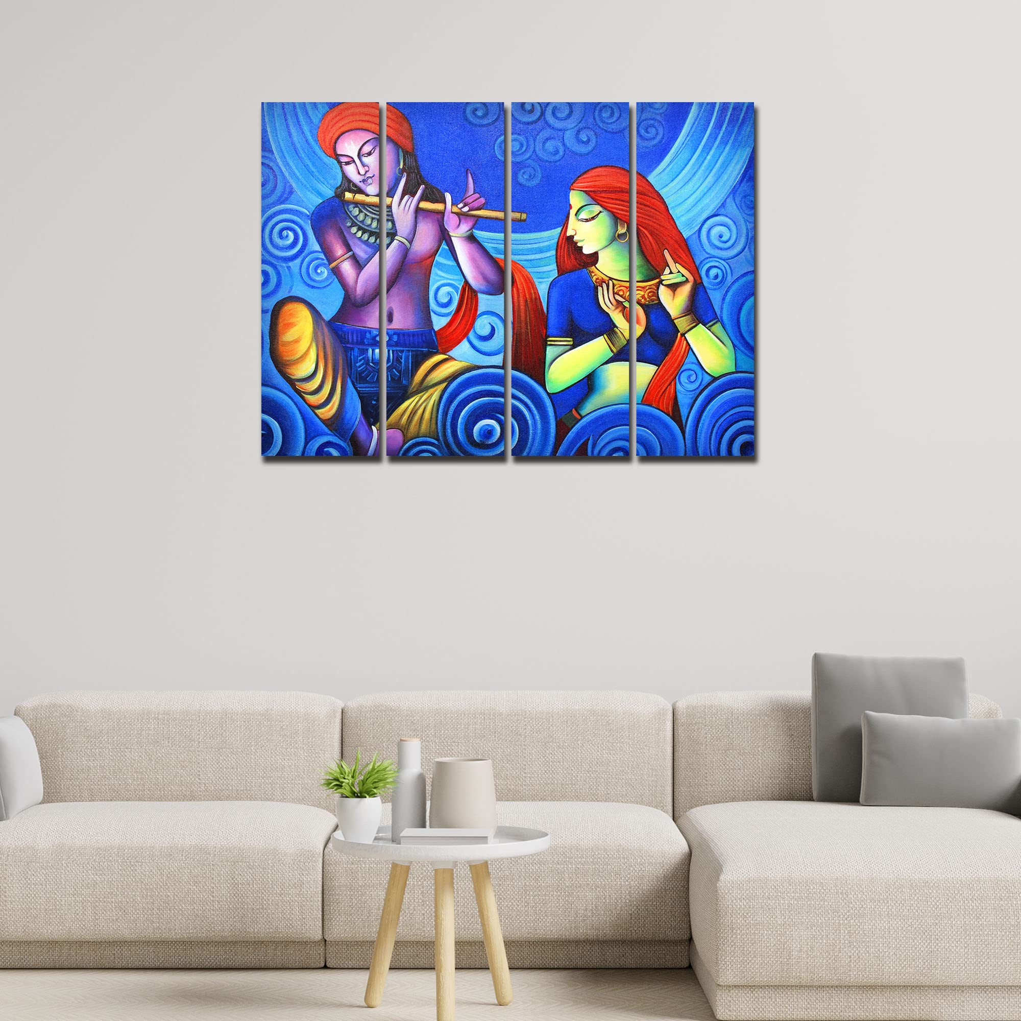 VIBECRAFTS Shree Radha Krishna With Flute 4 Pieces Canvas Wall Painting Fitted With Wooden Frame For Home | Office | Living Room | Gift(PTVC4Pcs1_13514)